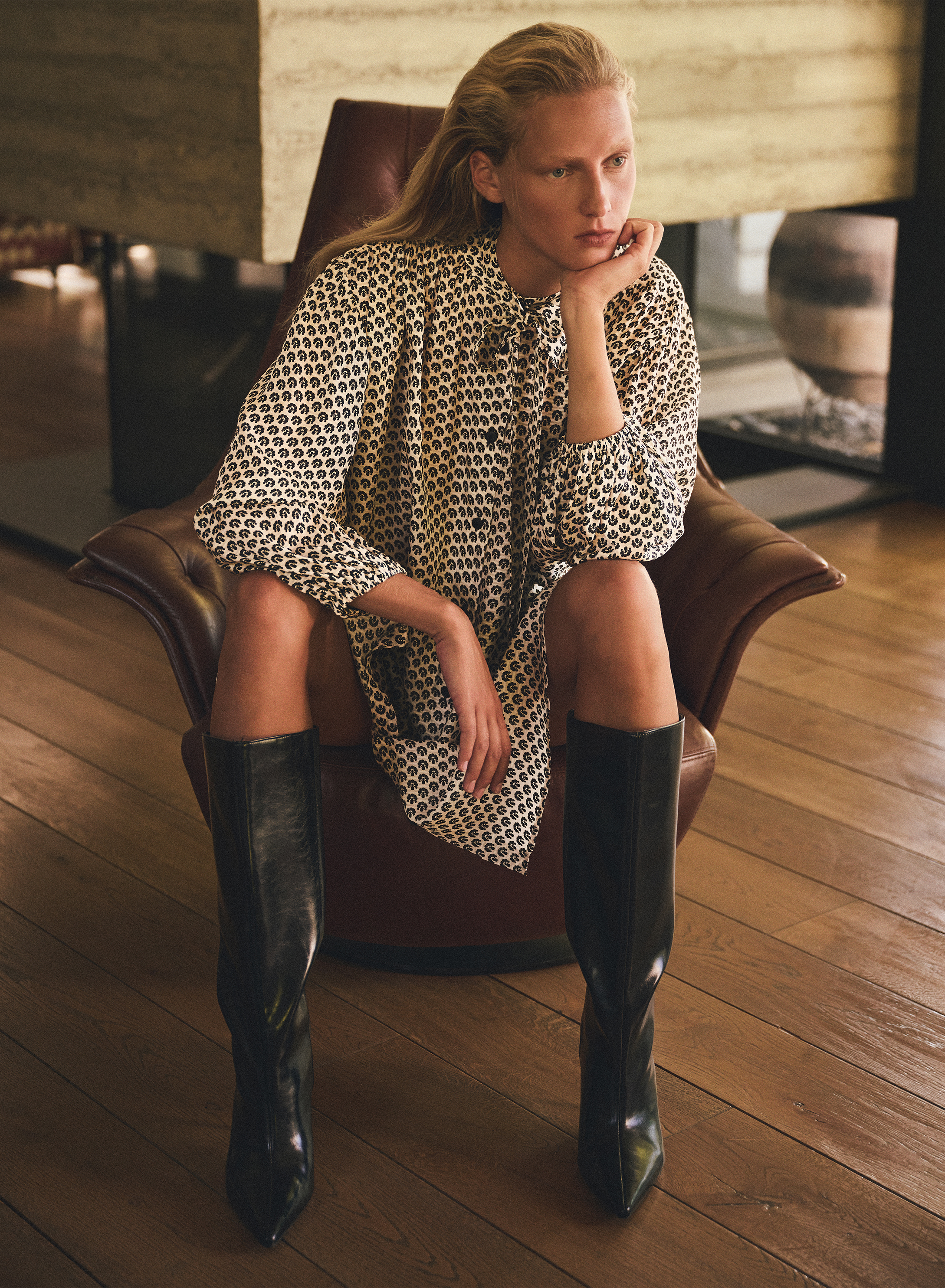 Ecru-Black chemisier printed Dress with long sleeves and with belt Milla - 0