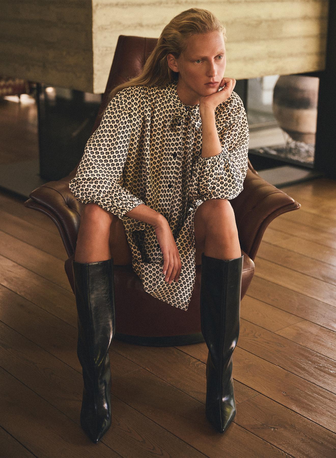 Ecru-Black chemisier printed Dress with long sleeves and with belt Milla - 1