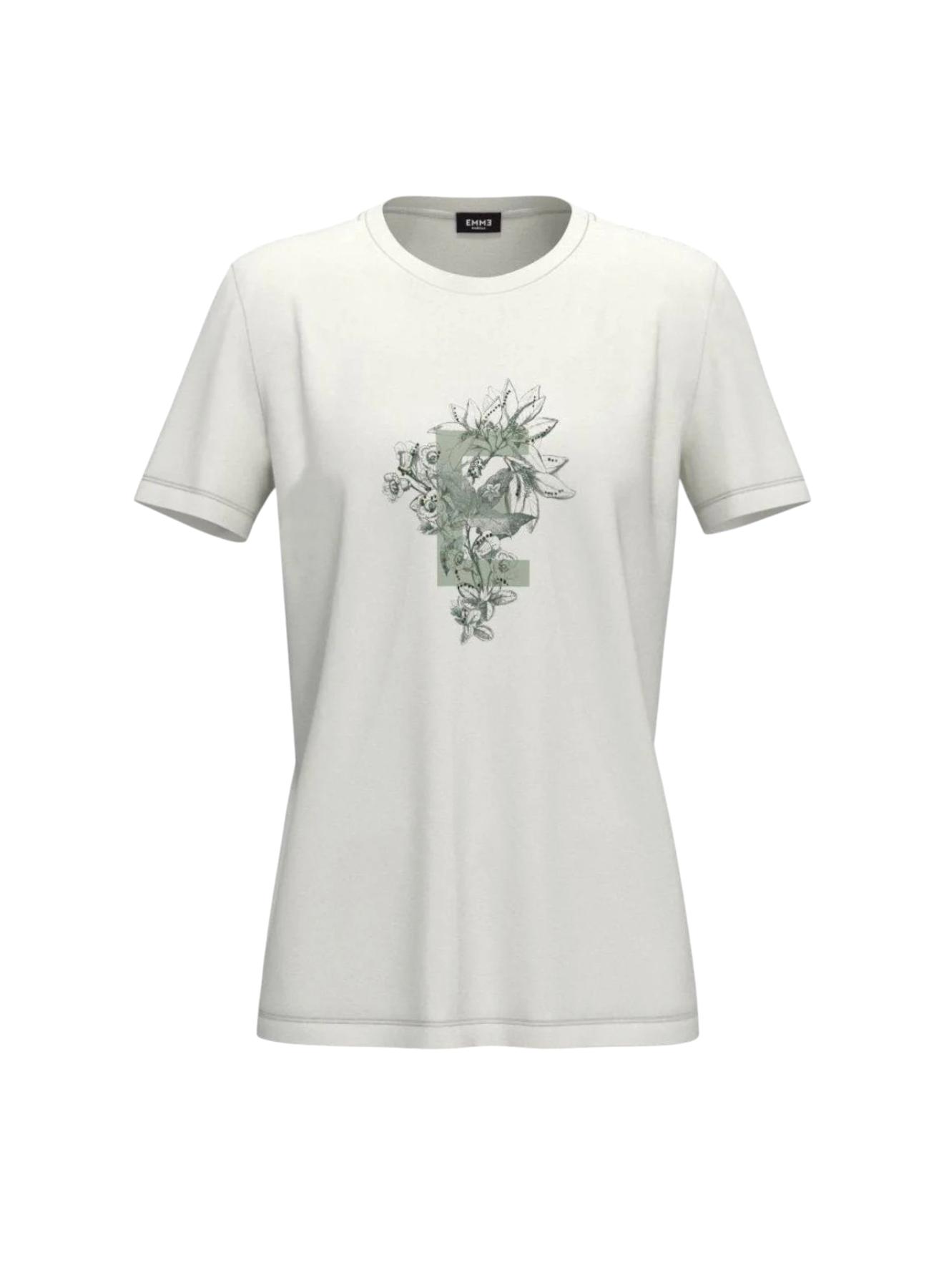 Λευκό T-shirt από καθαρό βαμβάκι με πράσινο τύπωμα και με στρας Emme Marella - 1