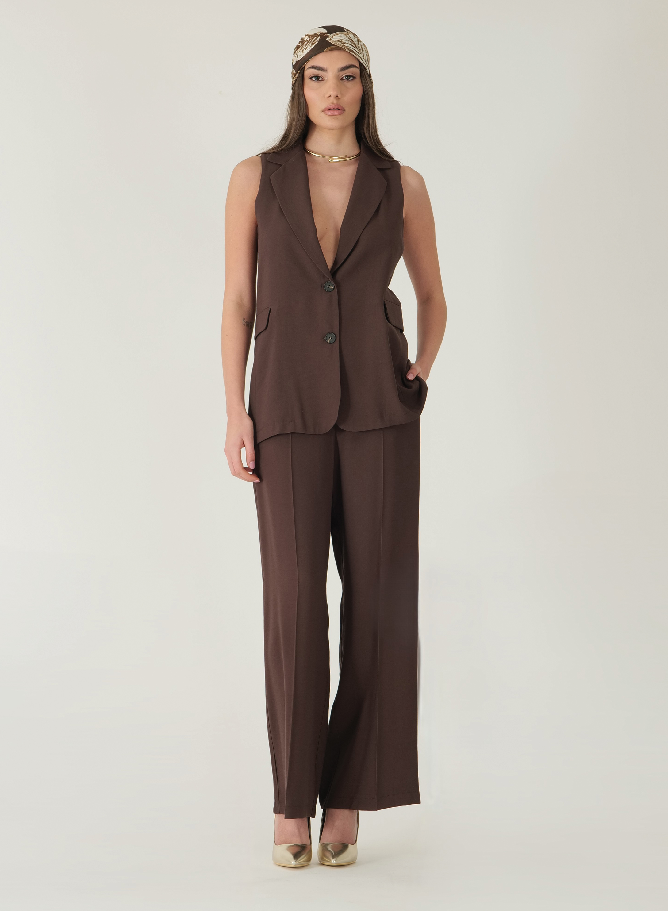 Brown long Vest with lapels and with V neckline R.R. - 1