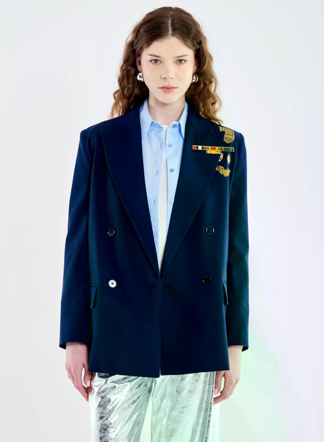 Blue Double breasted Jacket with decorative pins and stitched badges Vicolo - 3