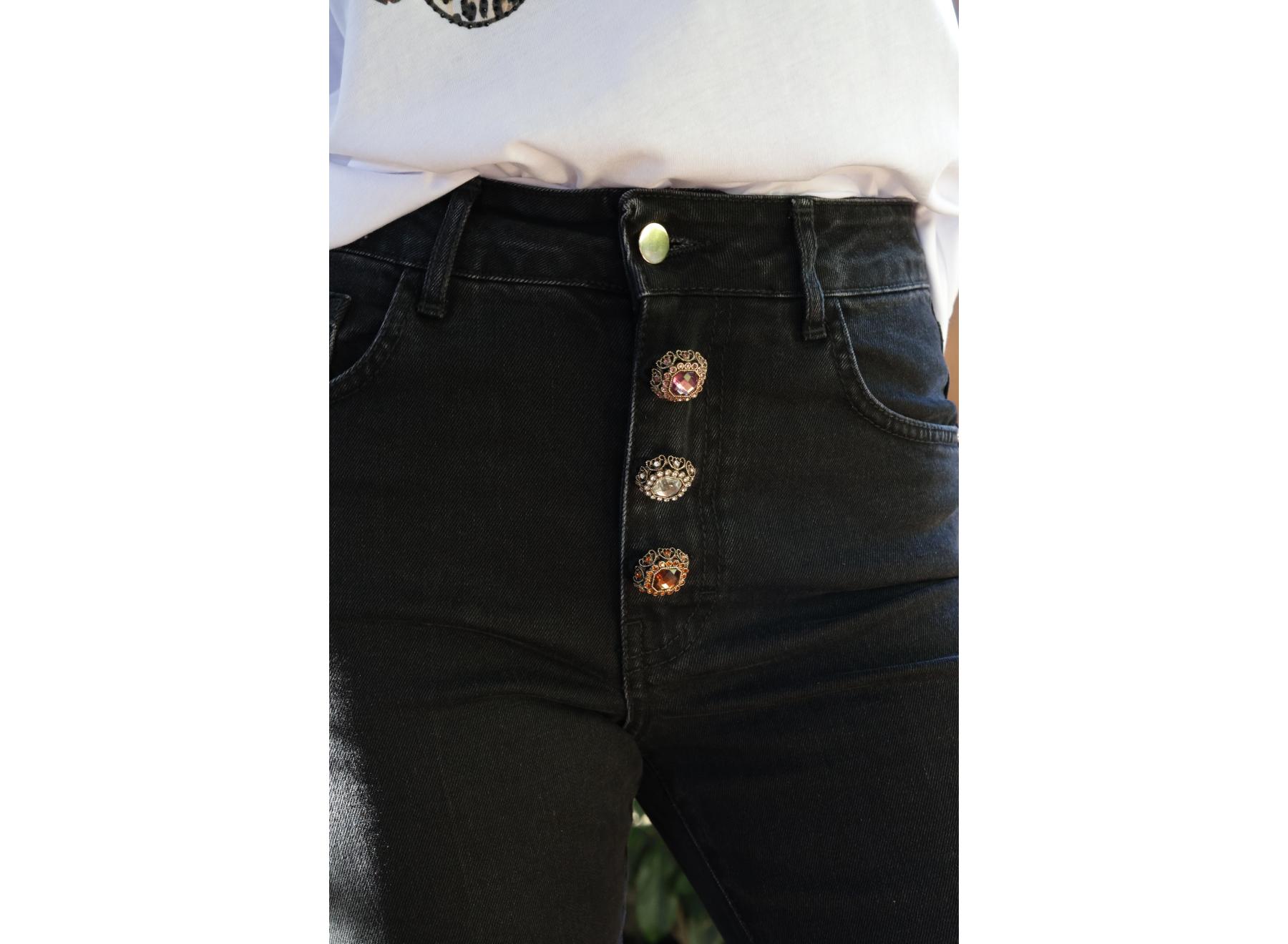 Black Cropped,flared stretch Jeans with buttons with rhinestones R.R. - 5