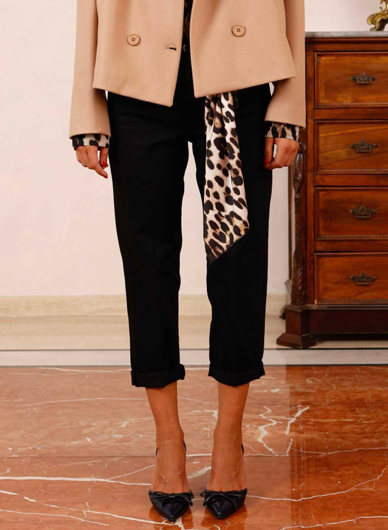 Μαύρο Τζιν Παντελόνι με διακοσμητικό animal print φουλάρι R.R. - 1