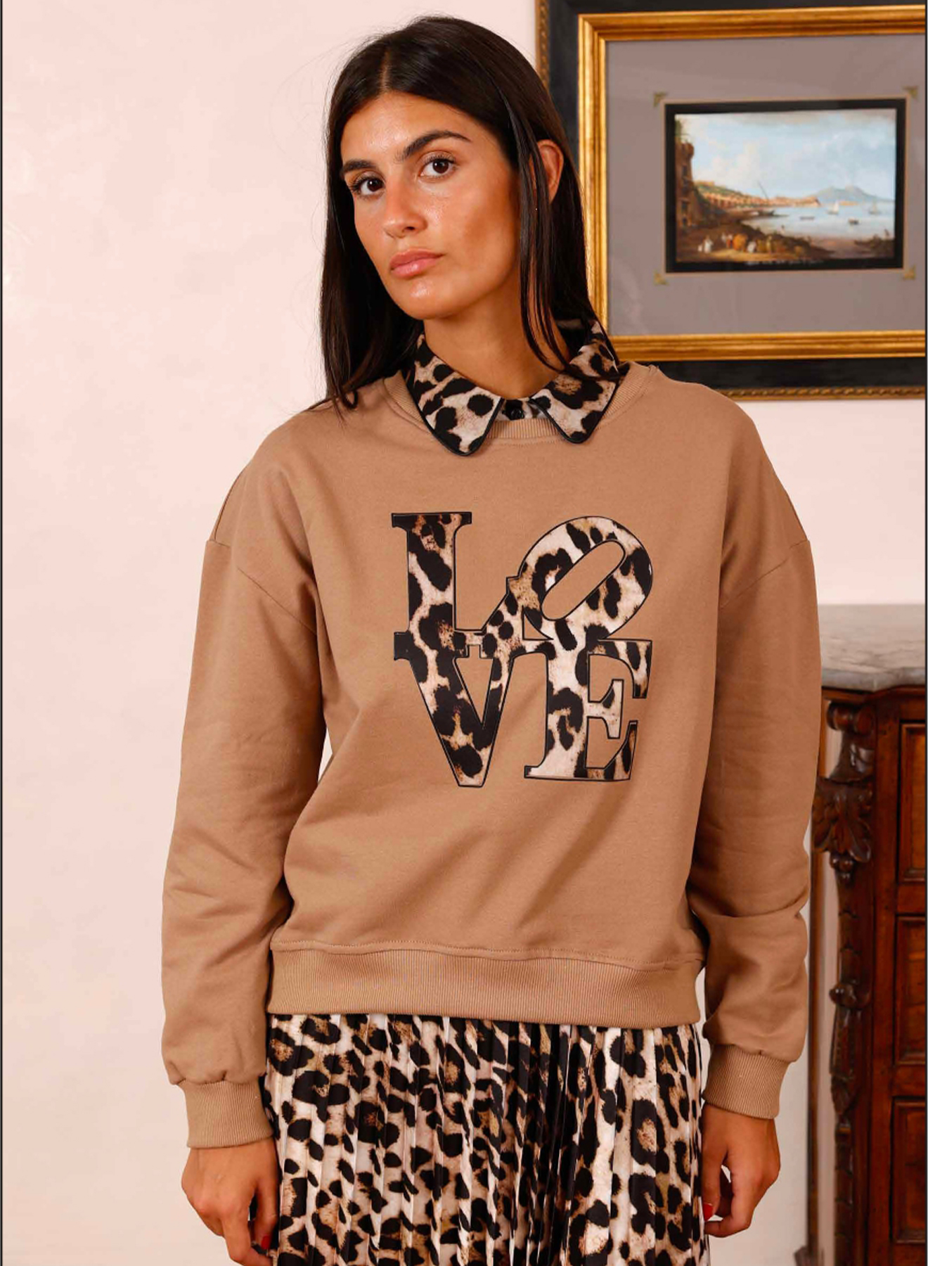 Camel Sweatshirt with animal print R.R. - 0