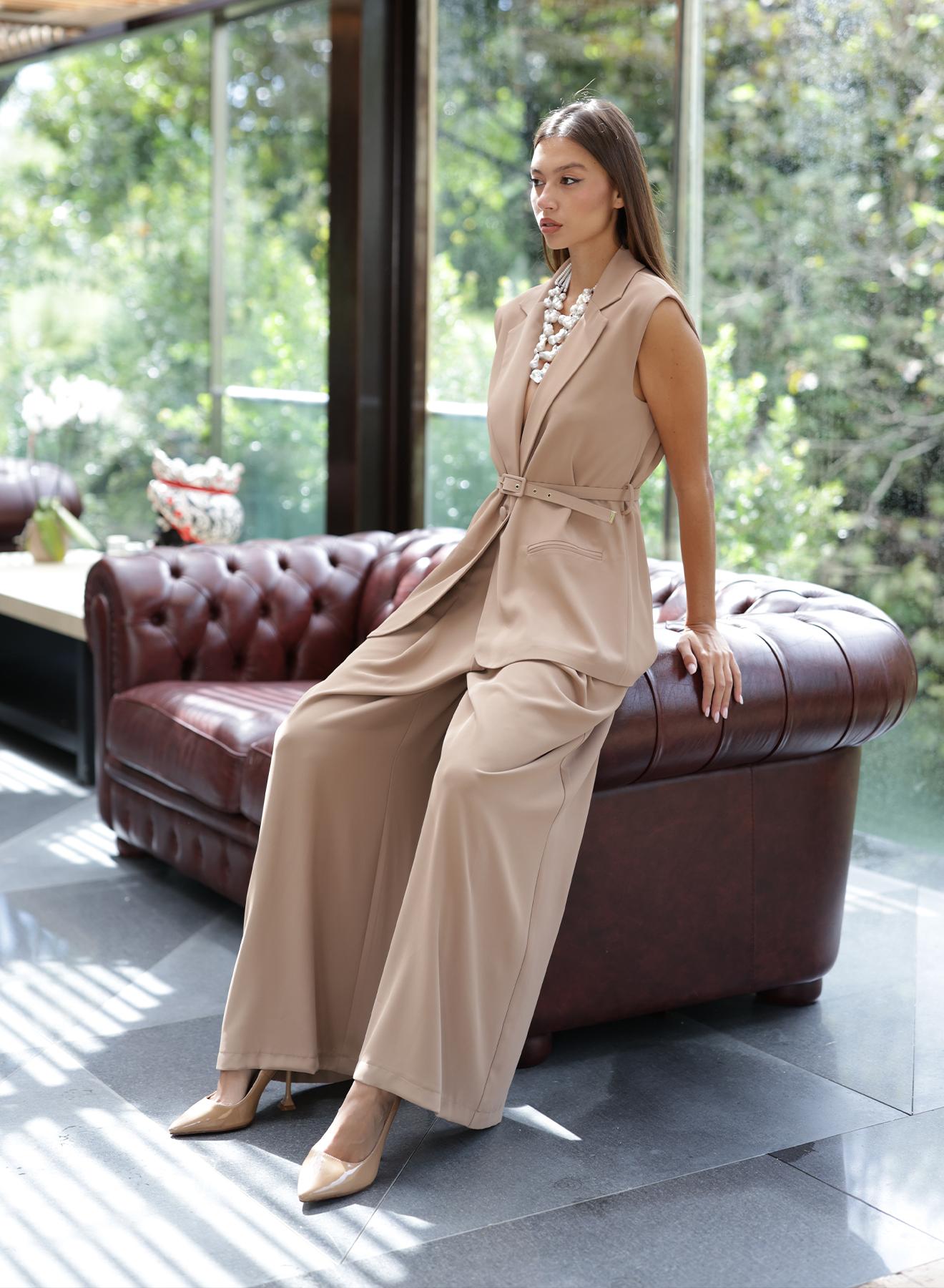 Camel wide legs Trousers with pleats and belt R.R. - 5