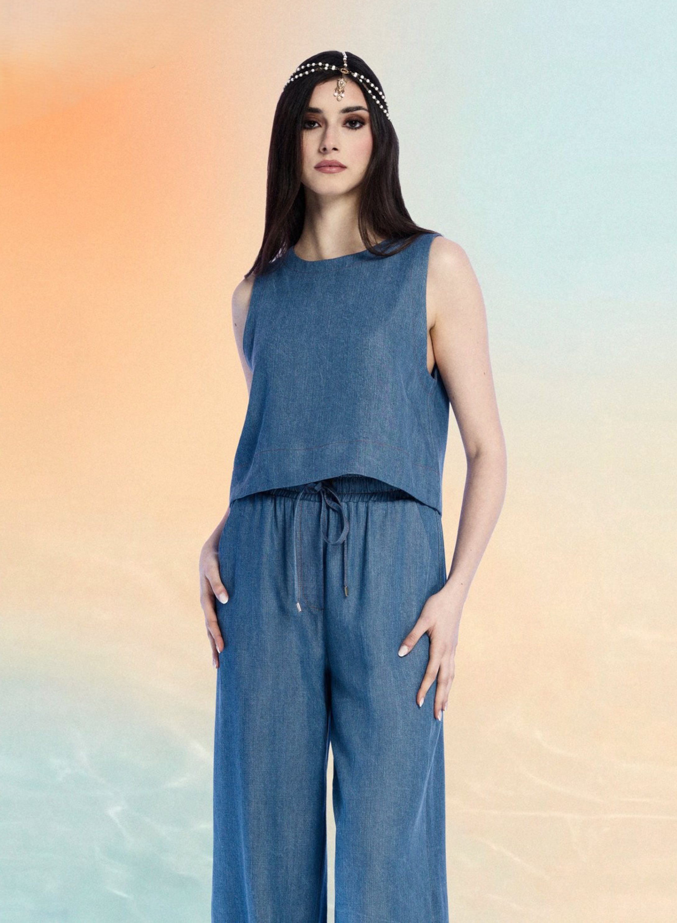 Blue sleeveless denim Blouse R.R. - 0