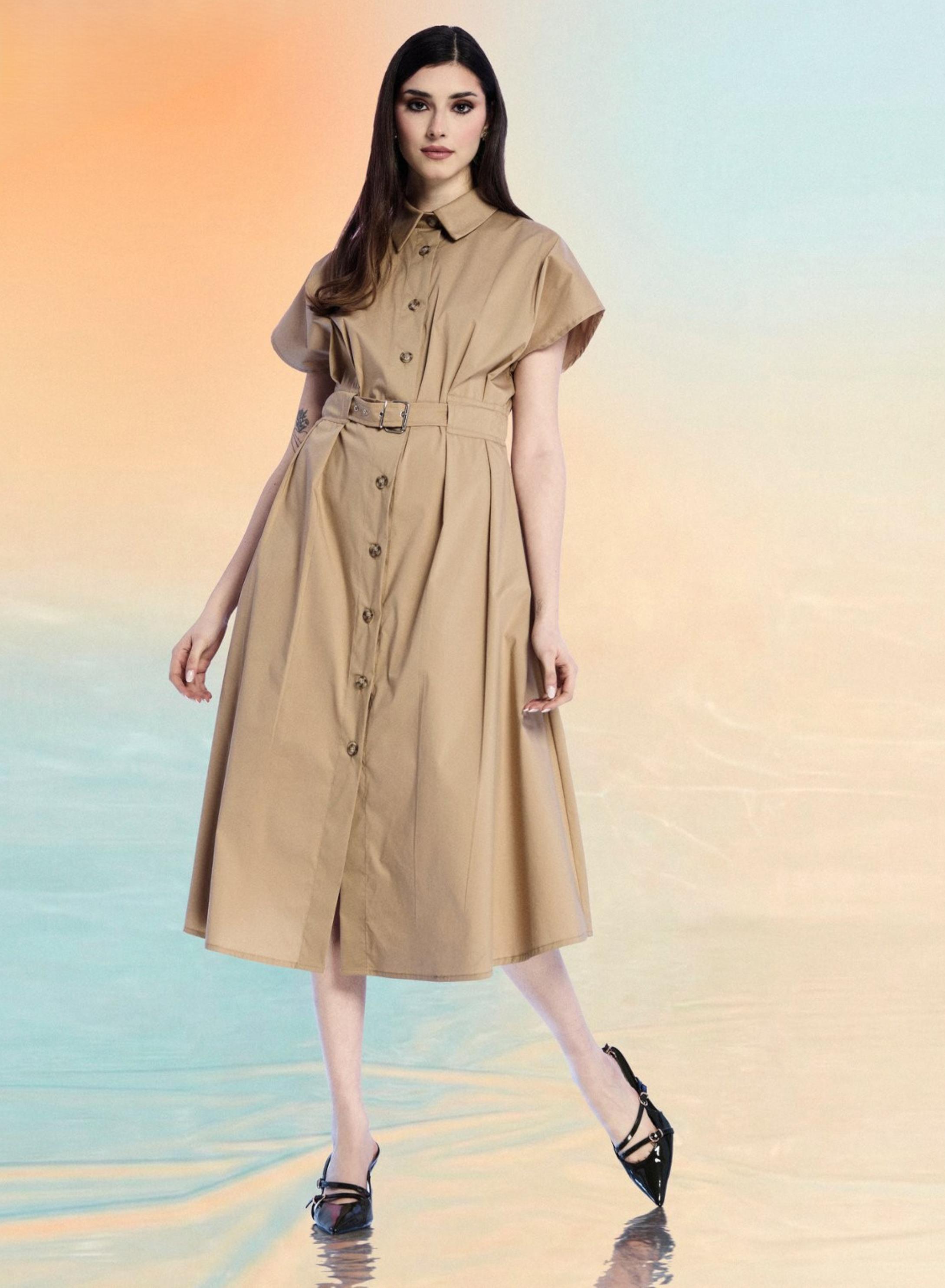 Κάμελ αμάνικο σεμιζιέ Φόρεμα με ζώνη R.R. - 0