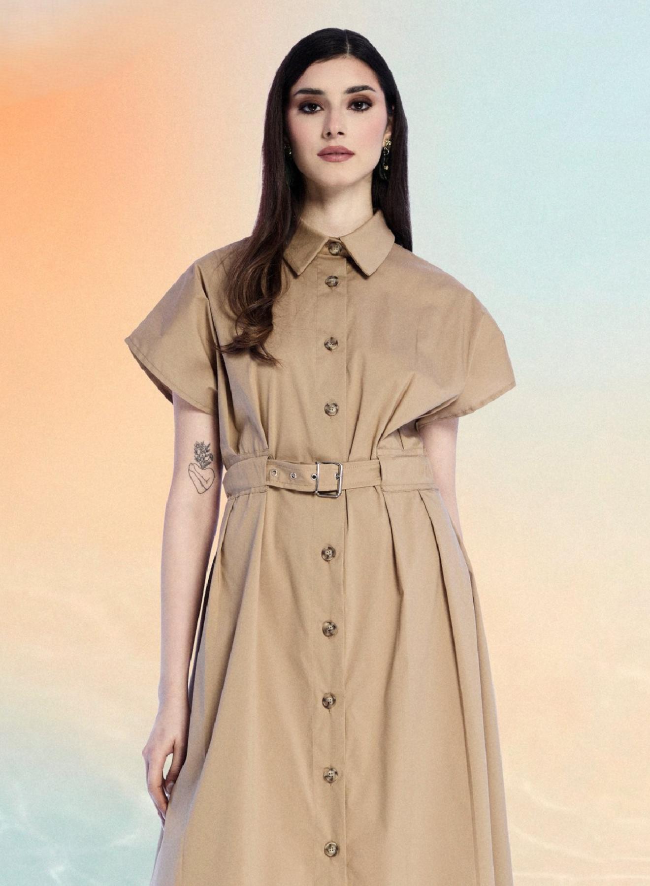 Κάμελ αμάνικο σεμιζιέ Φόρεμα με ζώνη R.R. - 2