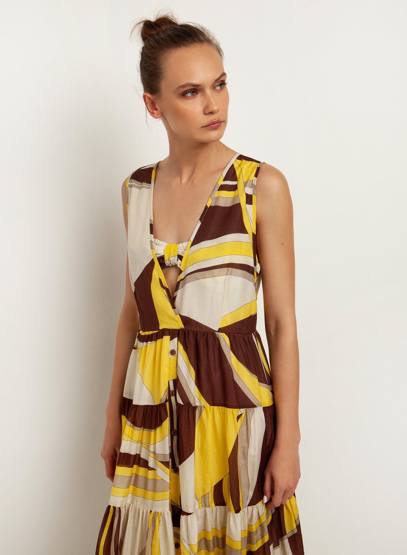 Multi color long sleeveless Dress with print Greek Archaic Kori - 1