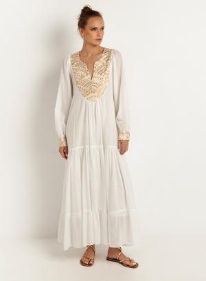 Λευκό-Χρυσό μακρύ New All Over Φόρεμα με μακριά μανίκια Greek Archaic Kori - 27073