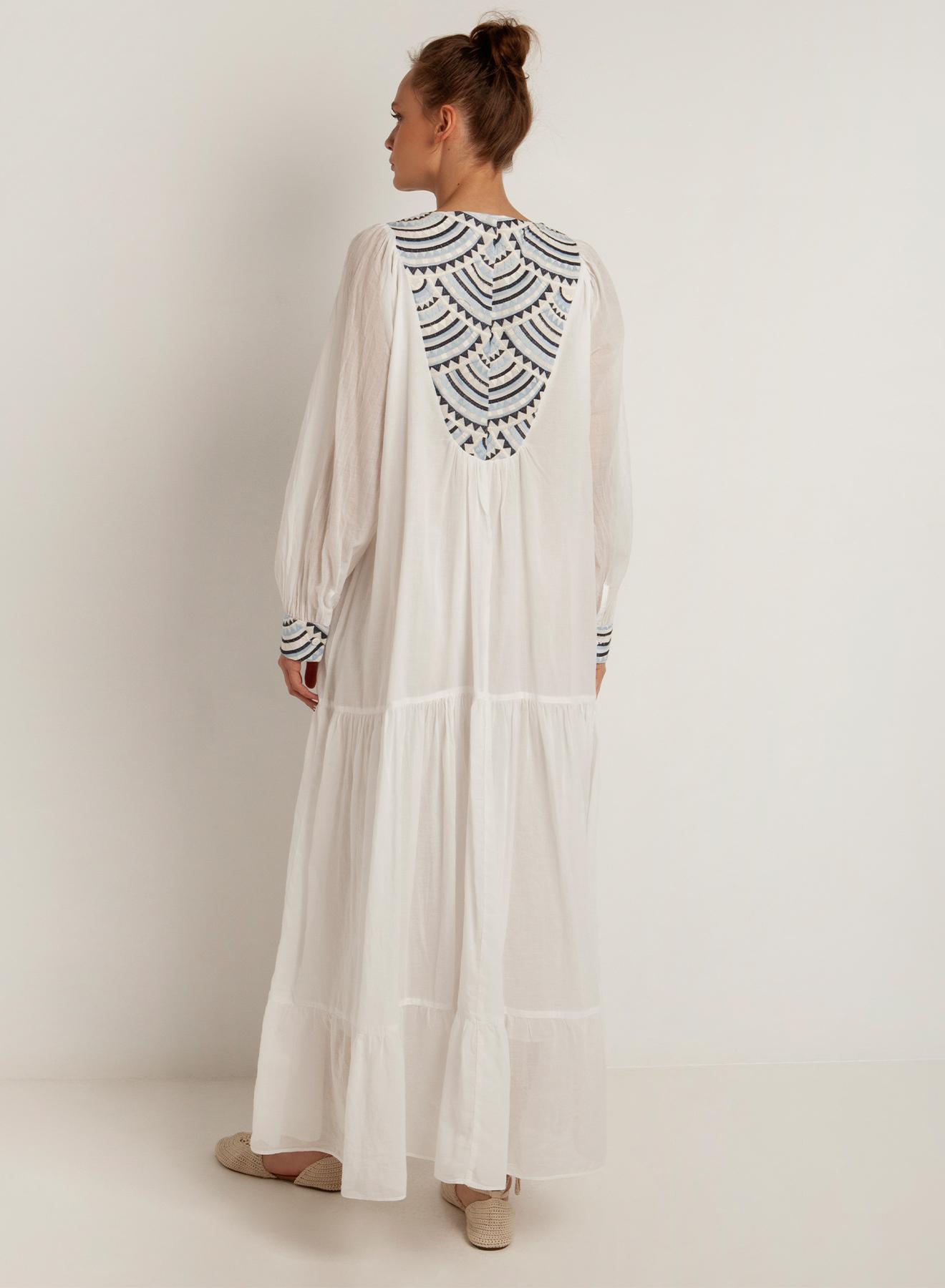 Λευκό-Σιέλ μακρύ New All Over Φόρεμα με μακριά μανίκια Greek Archaic Kori - 3