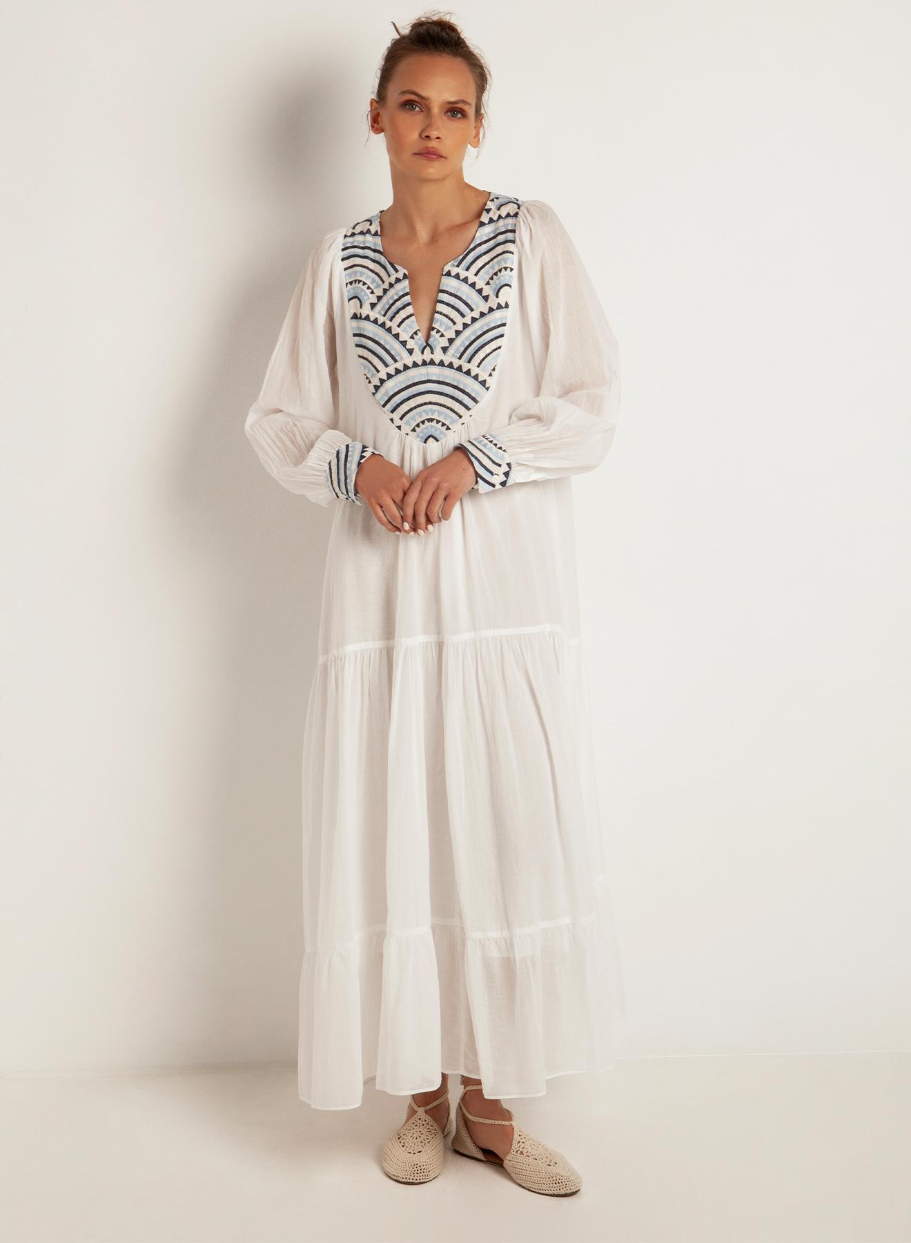 Λευκό-Σιέλ μακρύ New All Over Φόρεμα με μακριά μανίκια Greek Archaic Kori - 1