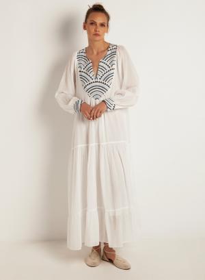 Λευκό-Σιέλ μακρύ New All Over Φόρεμα με μακριά μανίκια Greek Archaic Kori - 27116