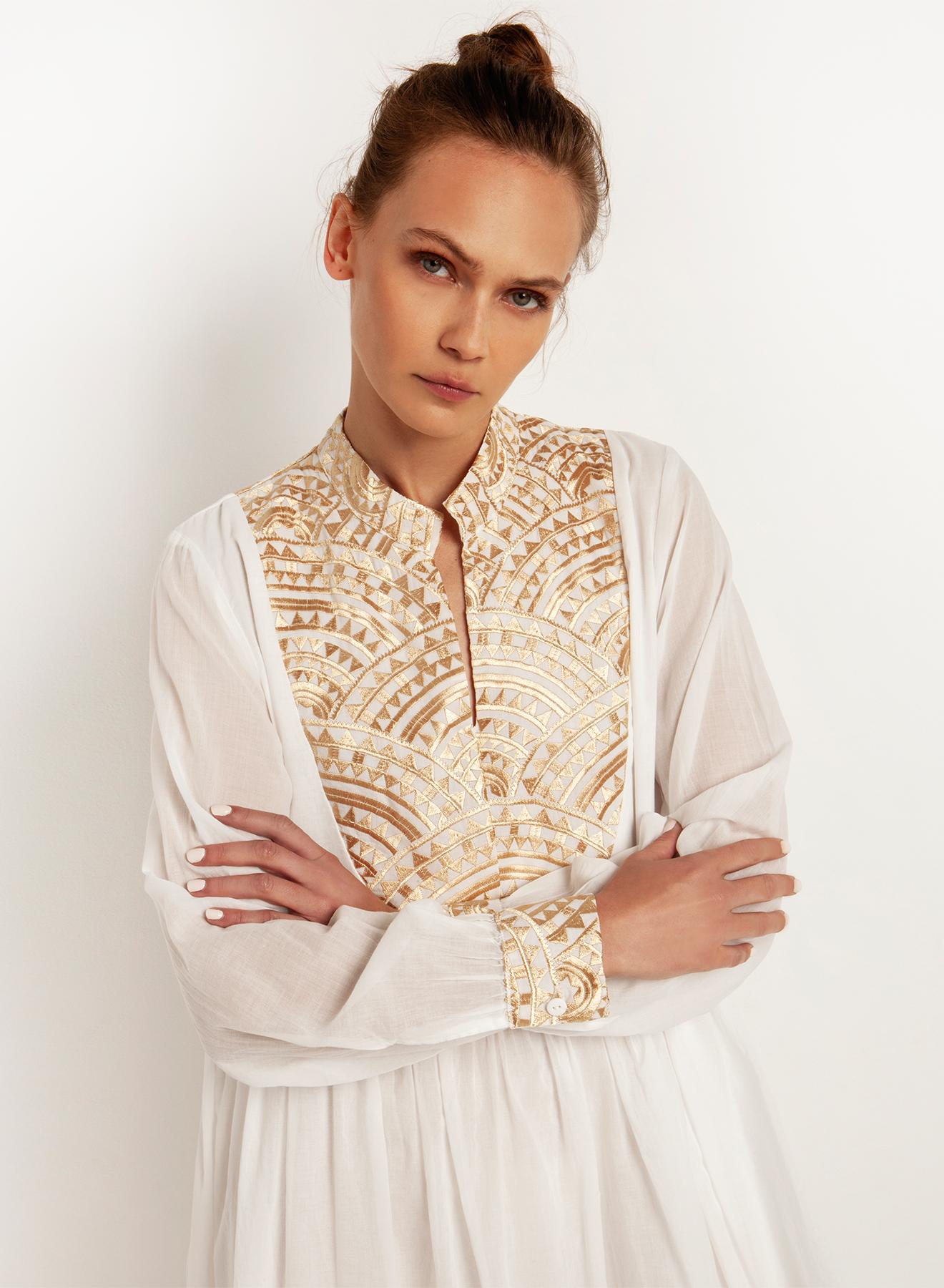 Λευκό-Χρυσό κοντό New All Over Φόρεμα με μακριά μανίκια Greek Archaic Kori - 2