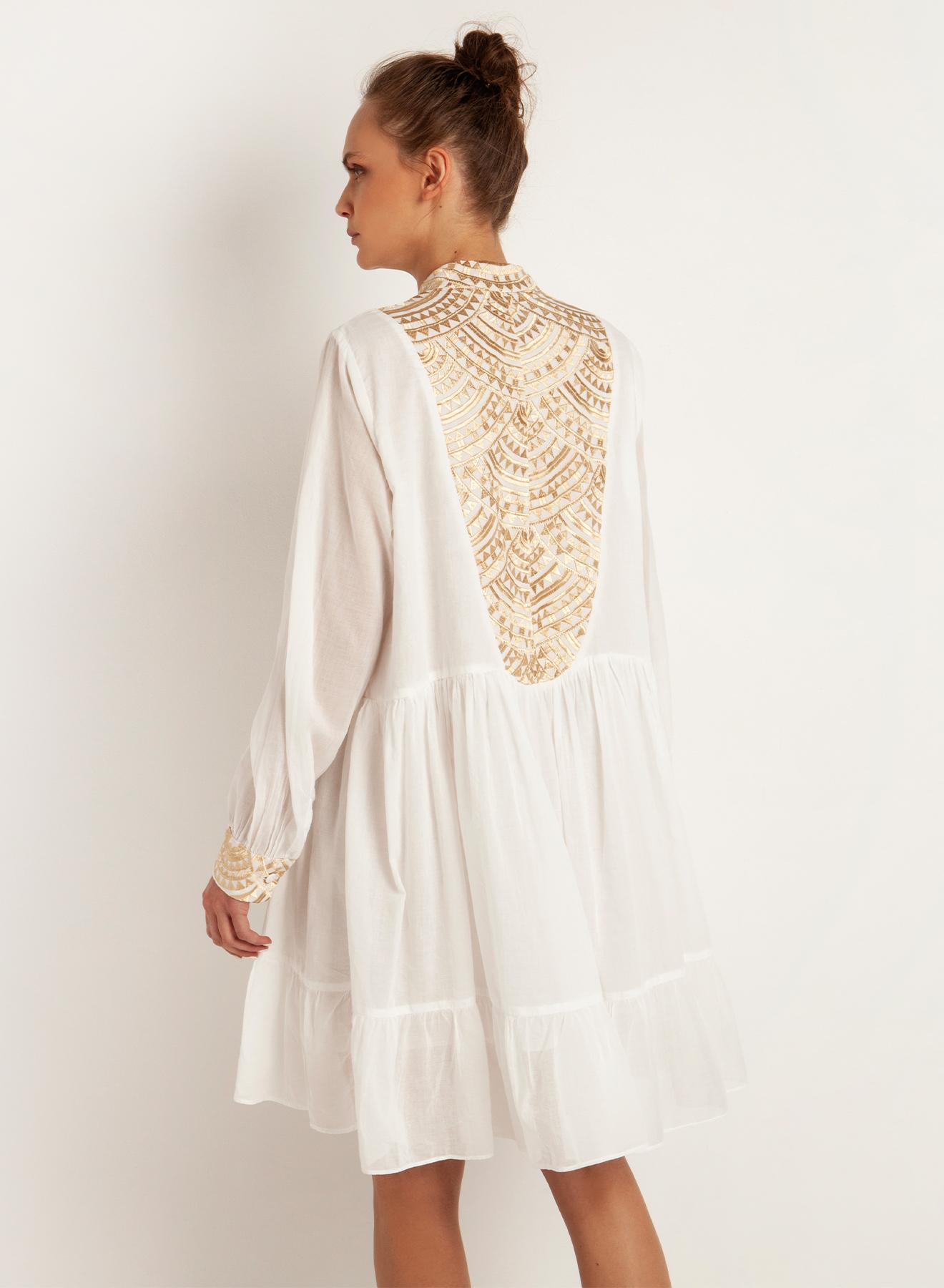 Λευκό-Χρυσό κοντό New All Over Φόρεμα με μακριά μανίκια Greek Archaic Kori - 3