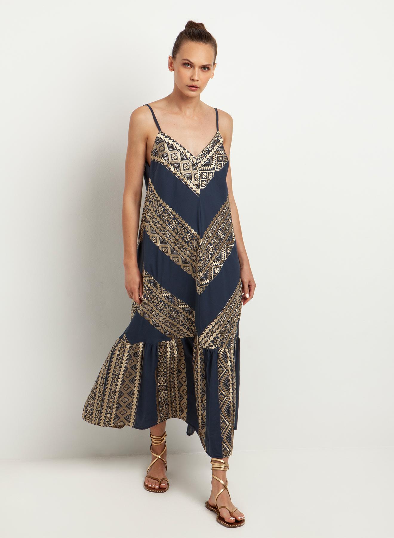 Navy blue-Gold long All Over Dress with straps Greek Archaic Kori - 1