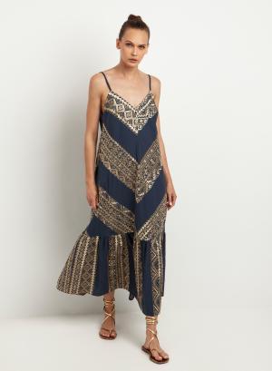 Navy blue-Gold long All Over Dress with straps Greek Archaic Kori - 27162