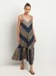 Navy blue-Gold long All Over Dress with straps Greek Archaic Kori - 0