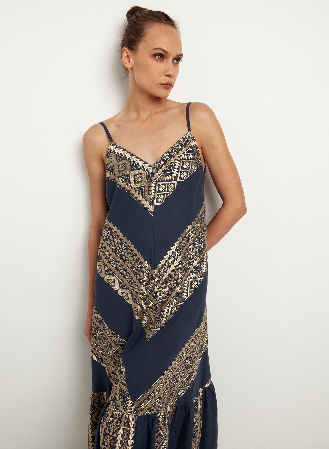 Navy blue-Gold long All Over Dress with straps Greek Archaic Kori - 2