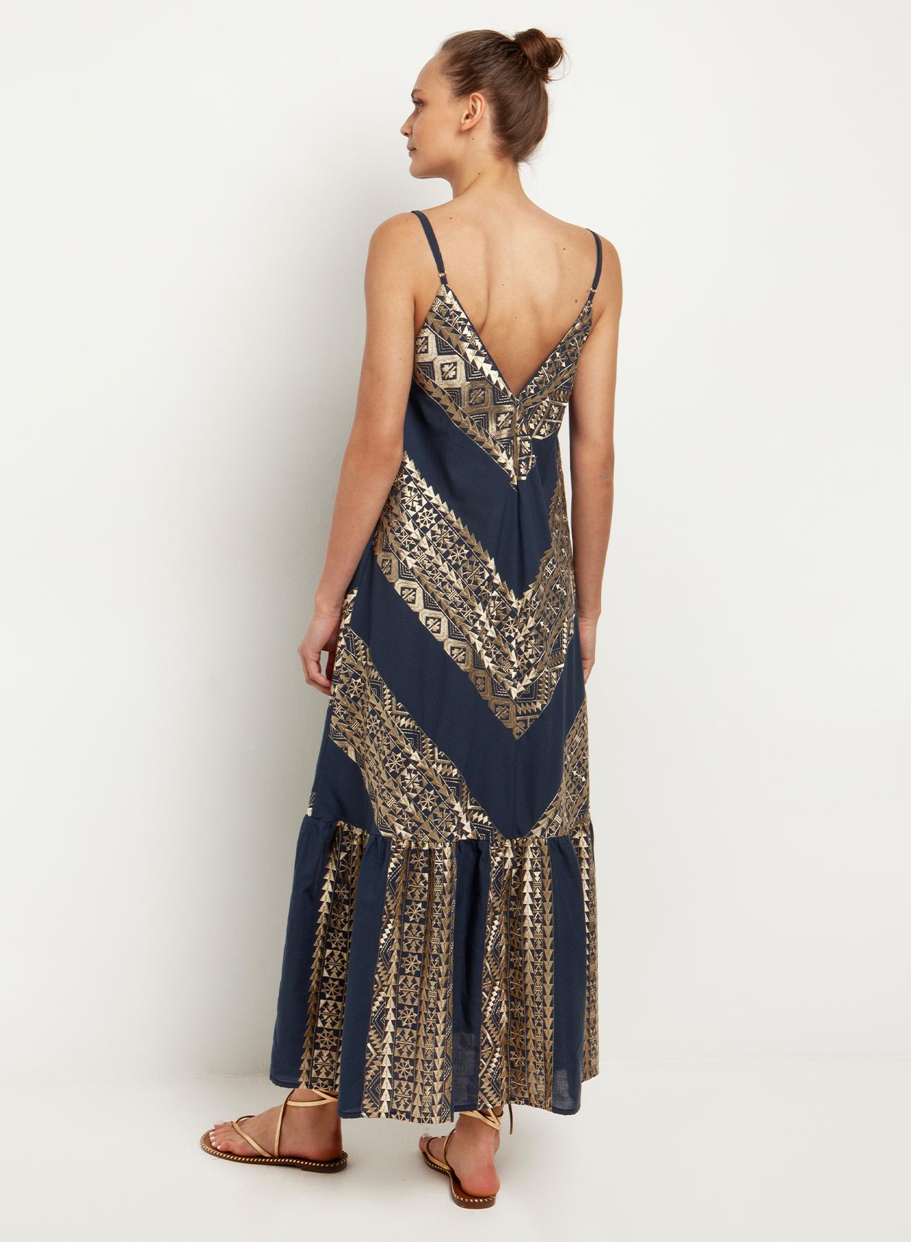 Navy blue-Gold long All Over Dress with straps Greek Archaic Kori - 3