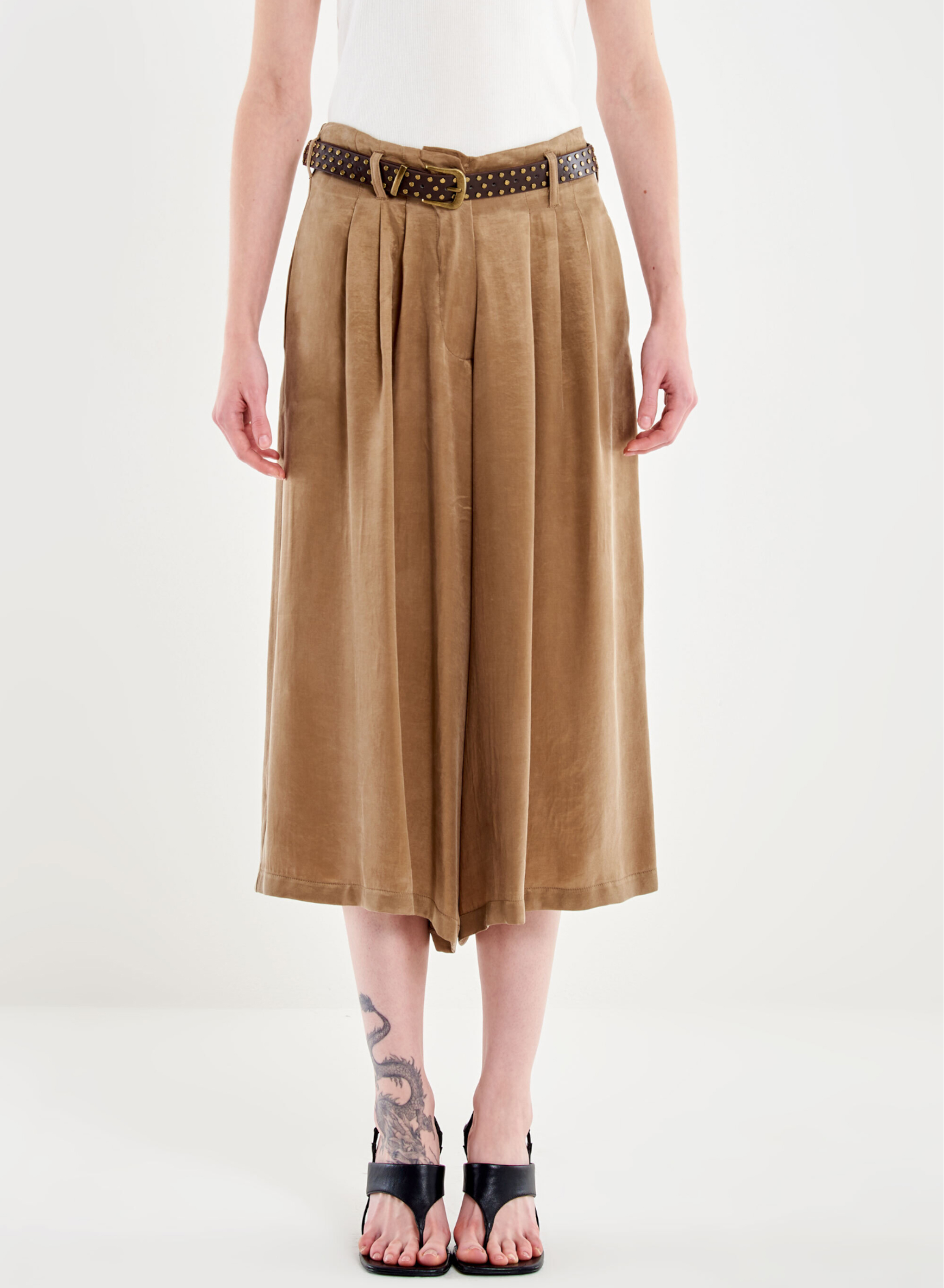 Camel pleated Zip Culotte with belt Vicolo - 1