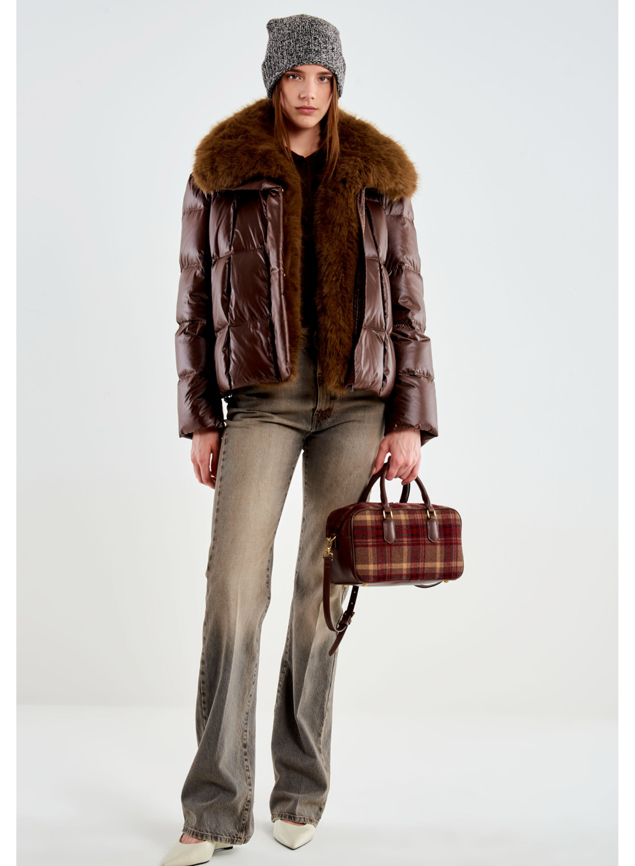 Chocolate padded Jacket with detachable eco fur lapel Vicolo - 0