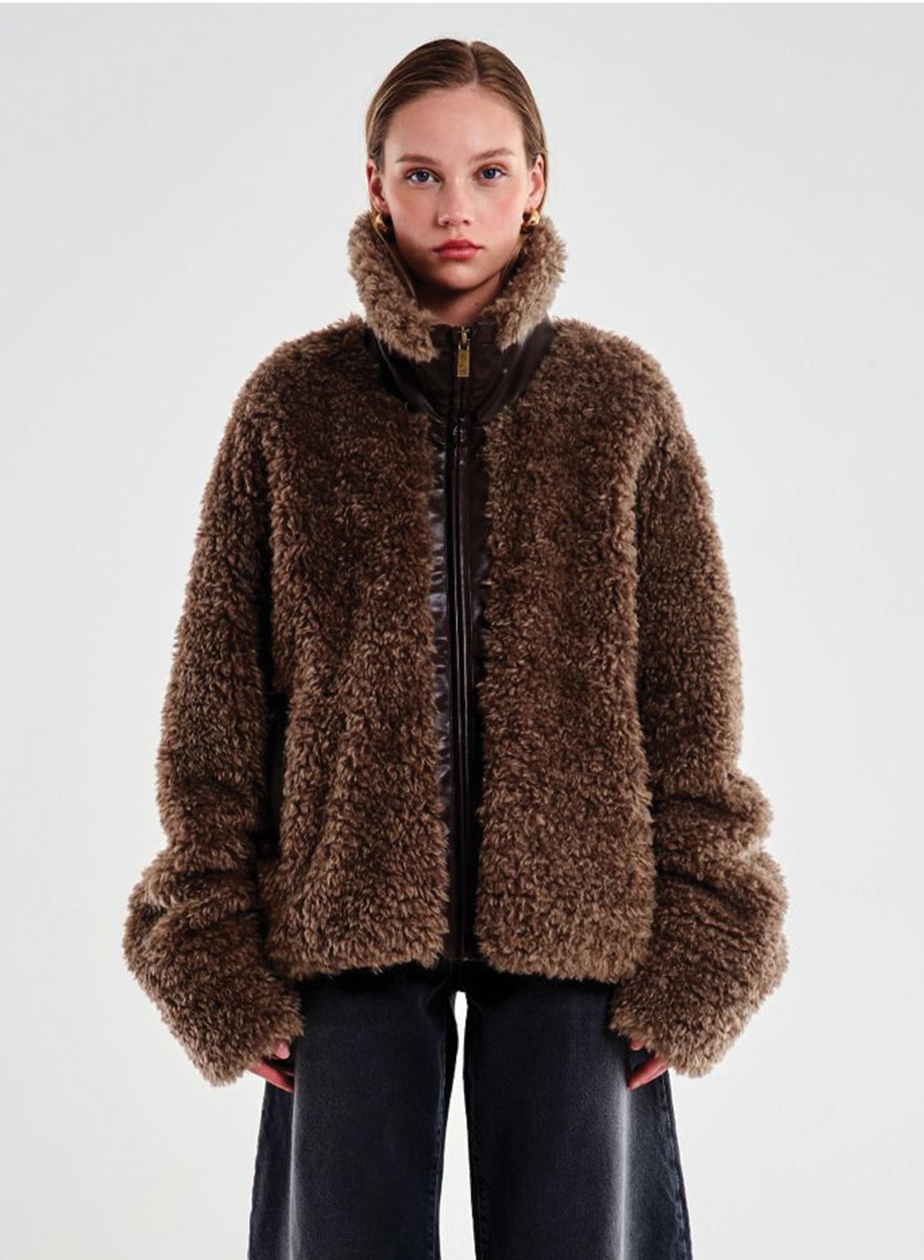Taupe teddy Μπουφάν με λεπτομέρειες από οικολογικό δέρμα Vicolo - 3