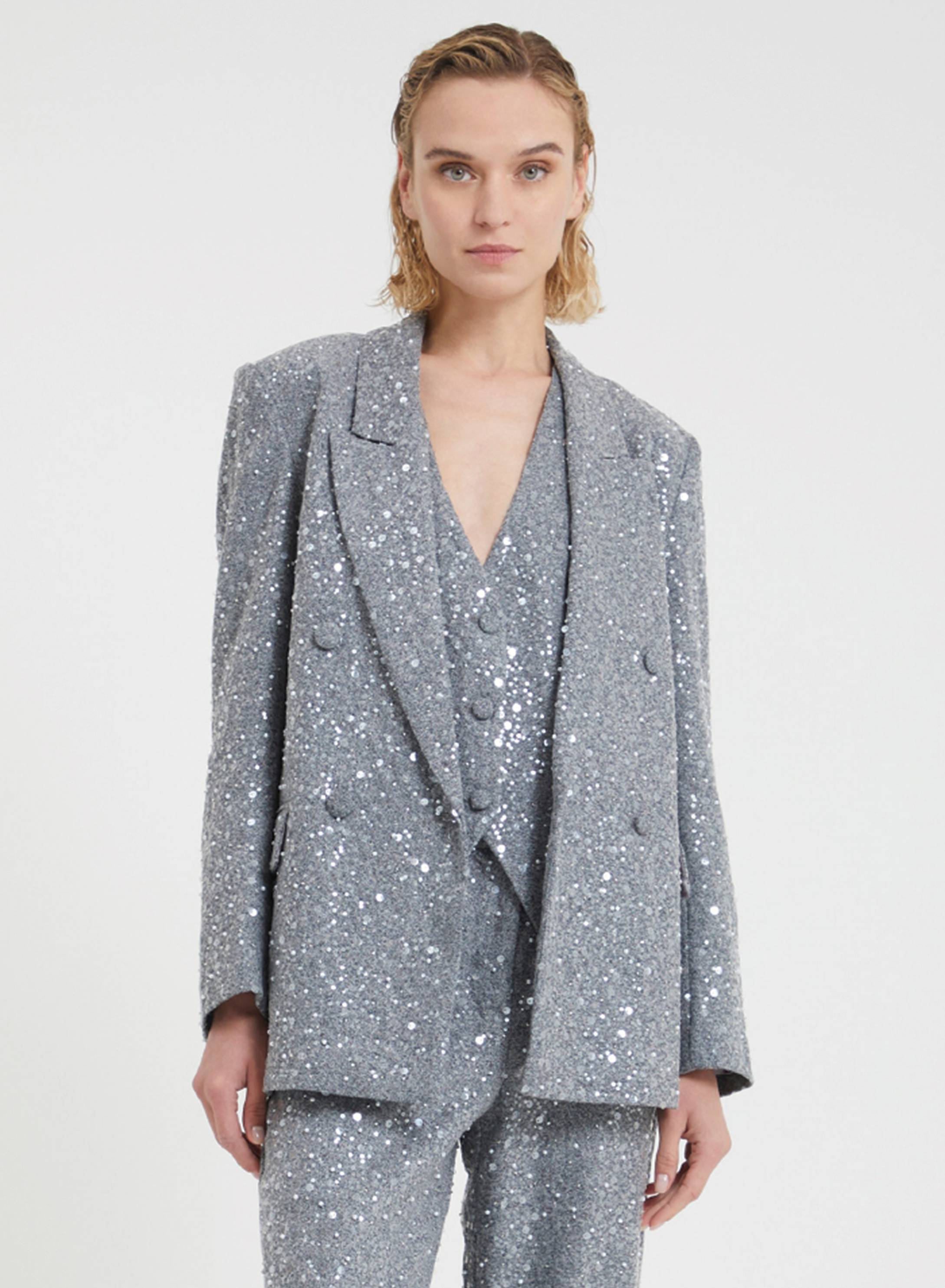 Grey herringbone Jacket with decorative sequins and pearls Vicolo - 1