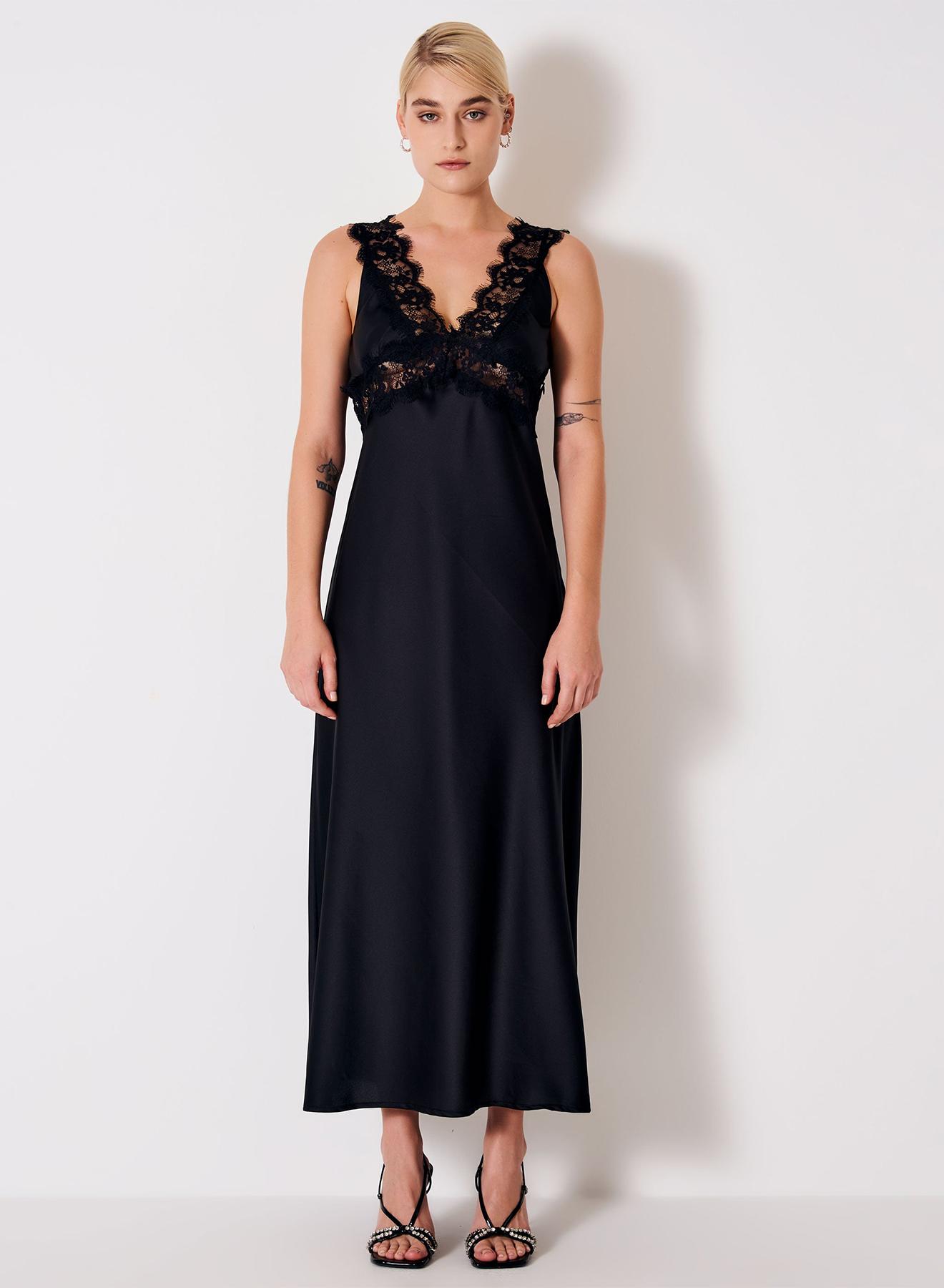 Long Satin Dress with Lace Details - 2