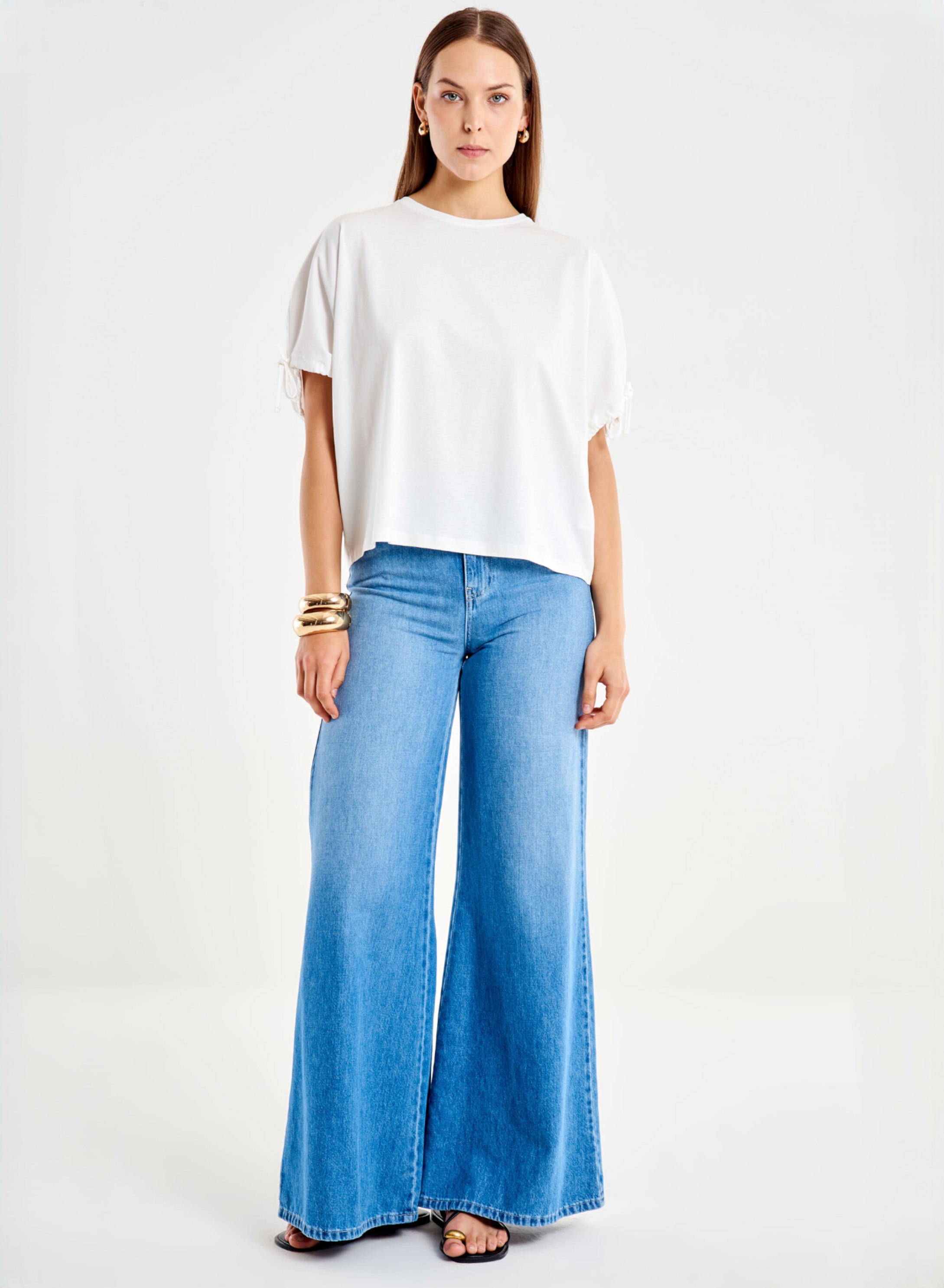 Λευκό βαμβακερό T-Shirt με κορδόνι στα μανίκια Vicolo - 0