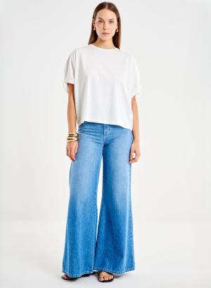 Λευκό βαμβακερό T-Shirt με κορδόνι στα μανίκια Vicolo - 57319