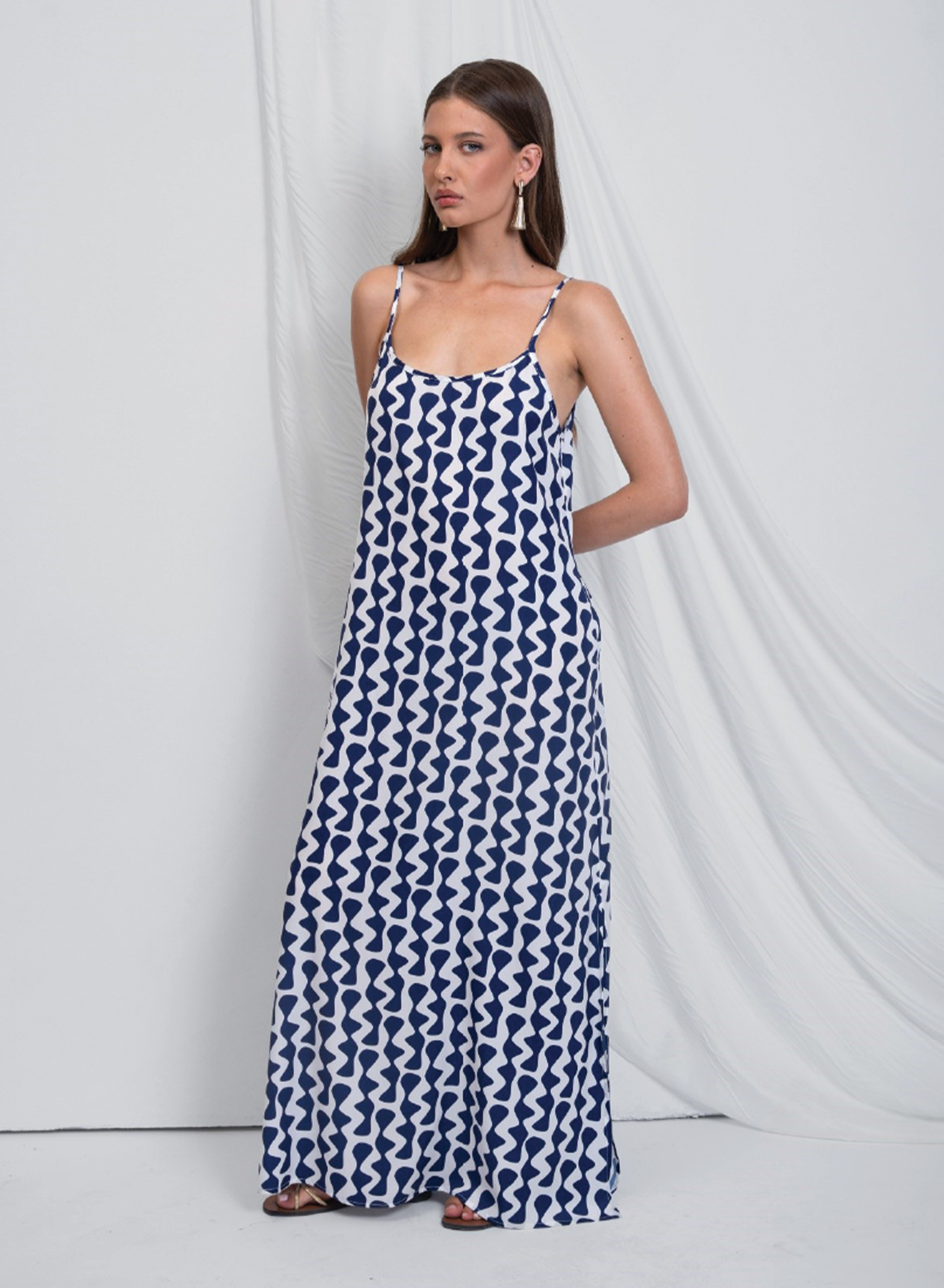 Navy Blue-Λευκό Φόρεμα με τύπωμα, τιράντες V λαιμόκοψη και ανοιχτή πλάτη "Uma" Capetanissa - 0