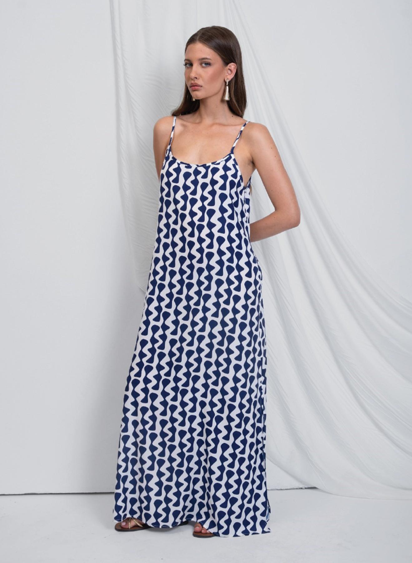 Navy Blue-Λευκό Φόρεμα με τύπωμα, τιράντες V λαιμόκοψη και ανοιχτή πλάτη "Uma" Capetanissa - 1