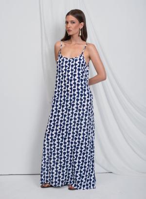 Navy Blue-Λευκό Φόρεμα με τύπωμα, τιράντες V λαιμόκοψη και ανοιχτή πλάτη "Uma" Capetanissa - 47130