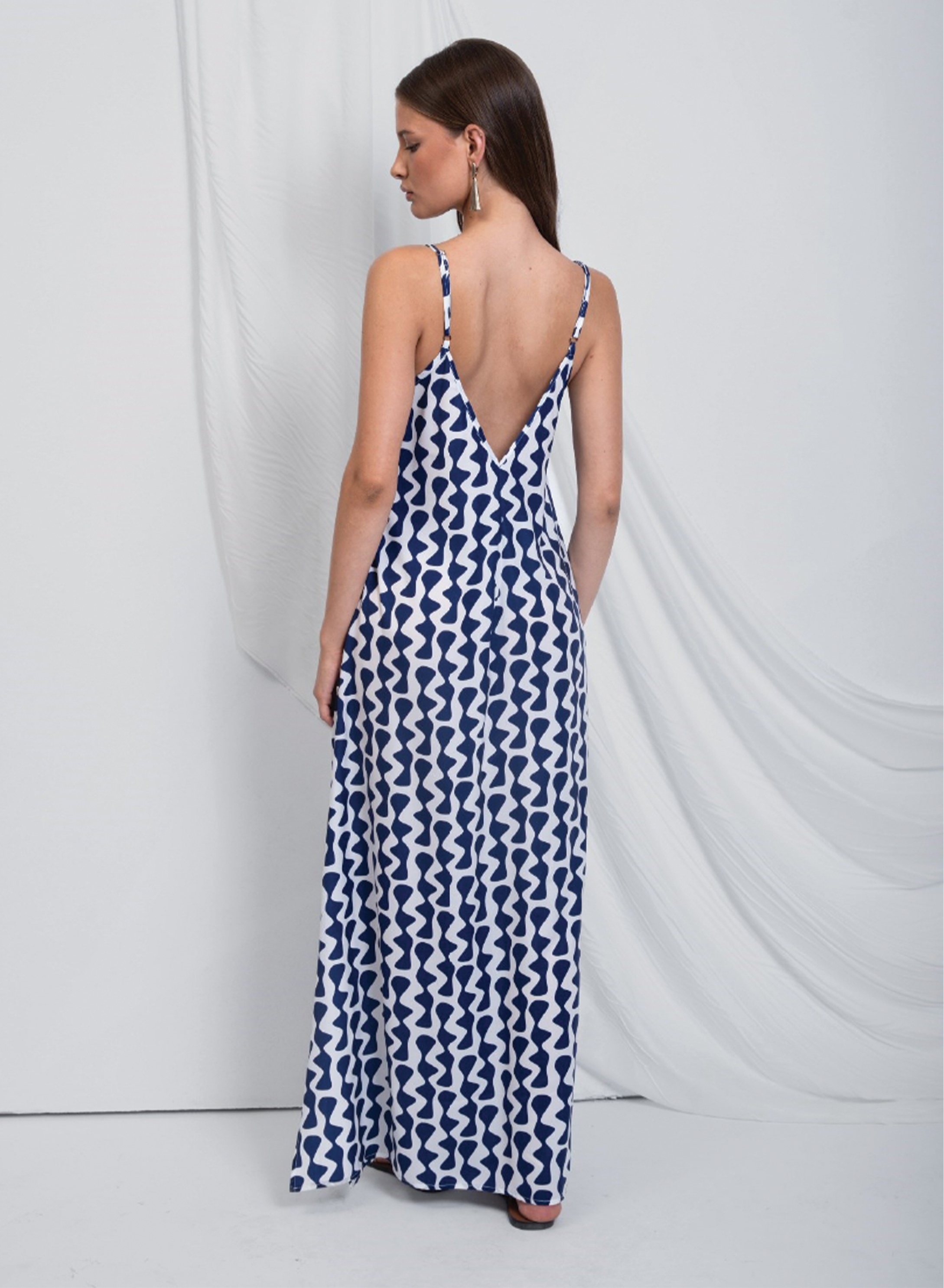 Navy Blue-Λευκό Φόρεμα με τύπωμα, τιράντες V λαιμόκοψη και ανοιχτή πλάτη "Uma" Capetanissa - 1