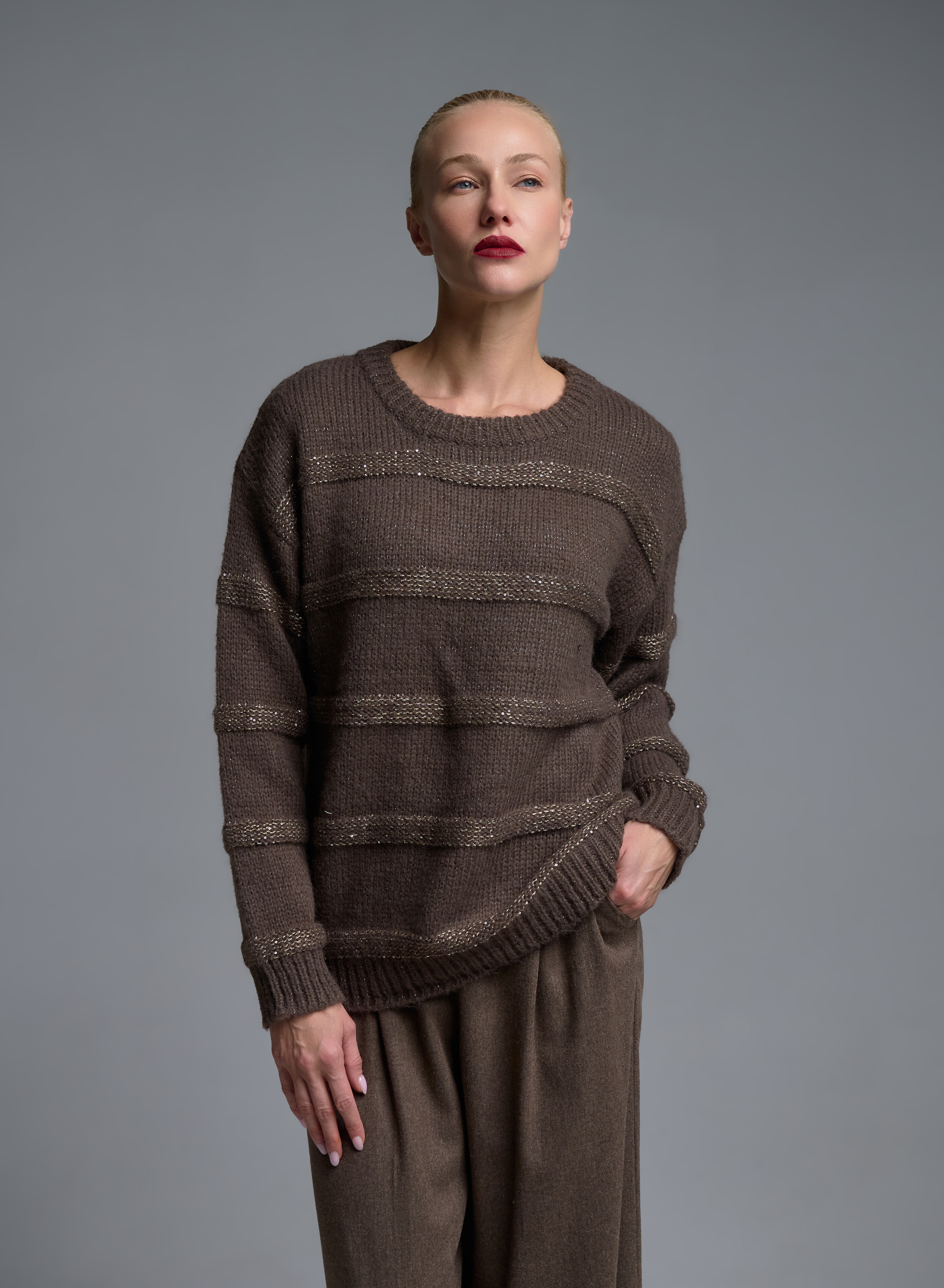 Taupe πλεκτή Μπλούζα ριγέ με παγιέτες Beauty Women - 1