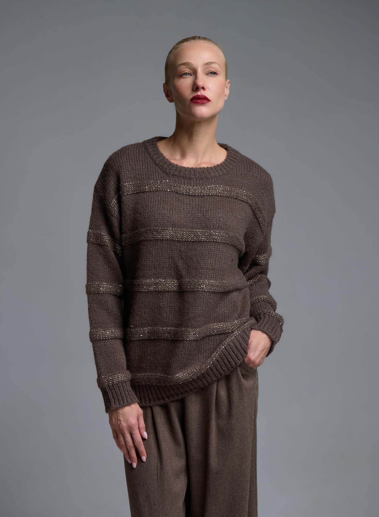 Taupe πλεκτή Μπλούζα ριγέ με παγιέτες Beauty Women - 2