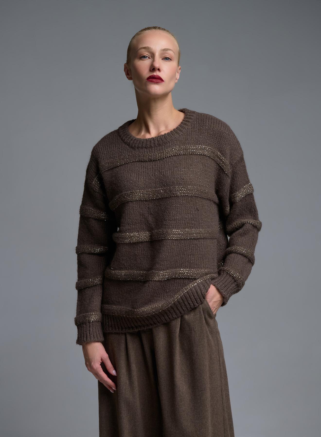 Taupe πλεκτή Μπλούζα ριγέ με παγιέτες Beauty Women - 1