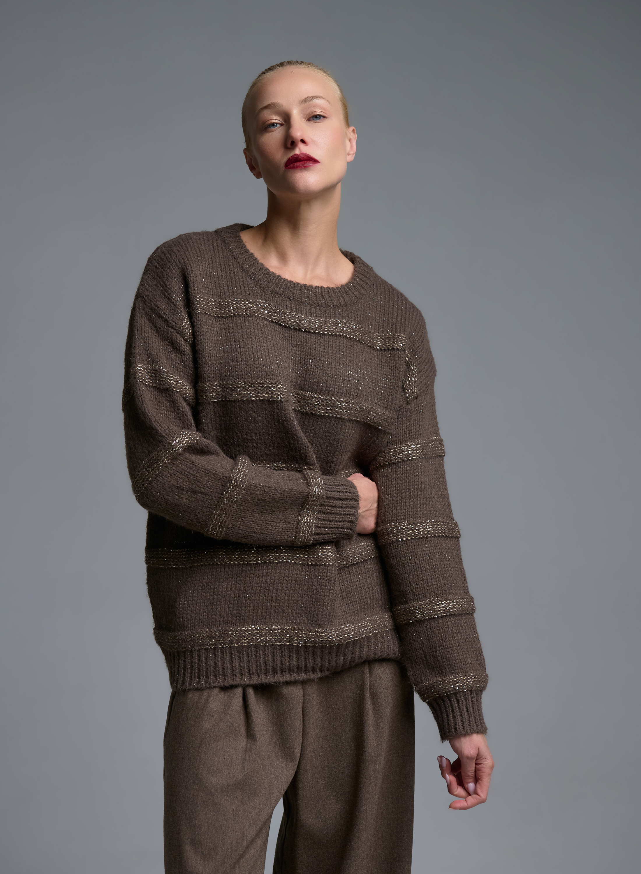 Taupe πλεκτή Μπλούζα ριγέ με παγιέτες Beauty Women - 4