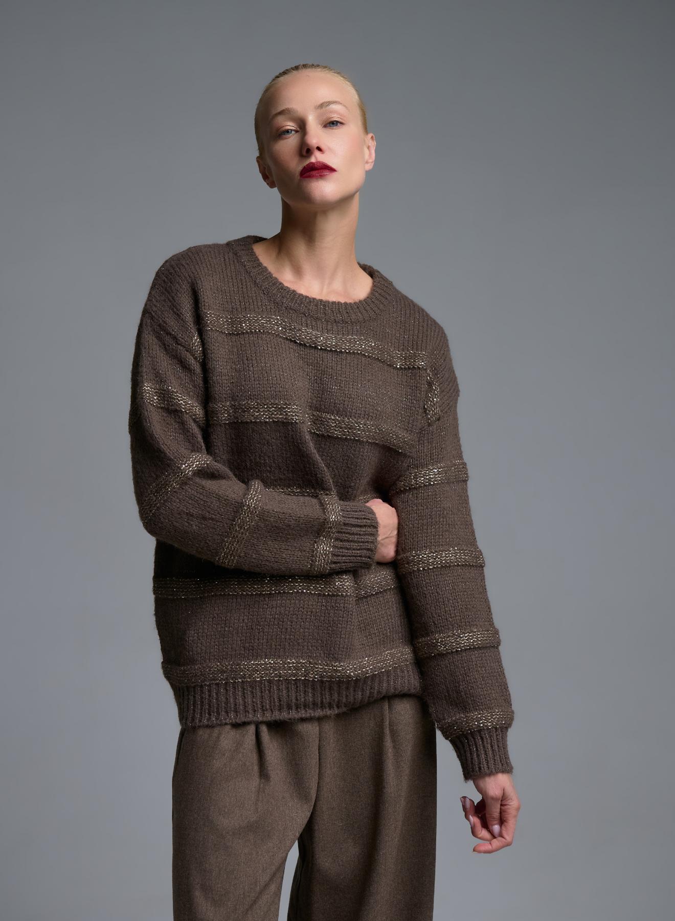 Taupe πλεκτή Μπλούζα ριγέ με παγιέτες Beauty Women - 5