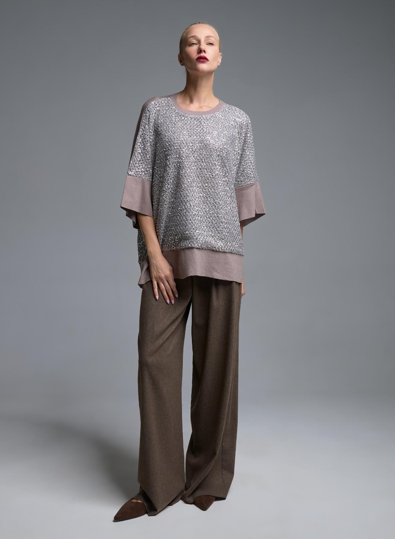 Taupe πλεκτή oversized Μπλούζα με παγιέτες και με τρία τέταρτα μανίκια Beauty Women - 2