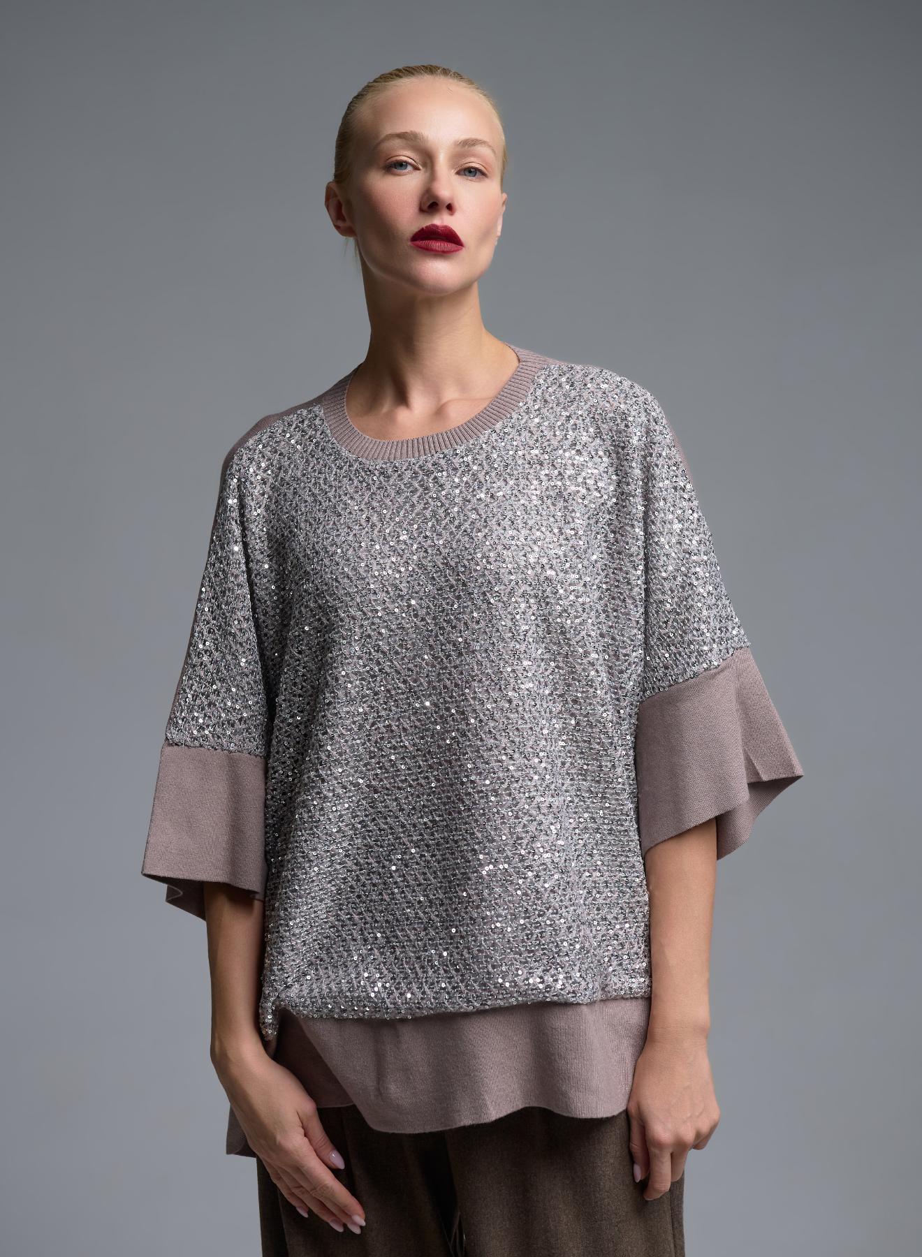 Taupe πλεκτή oversized Μπλούζα με παγιέτες και με τρία τέταρτα μανίκια Beauty Women - 1