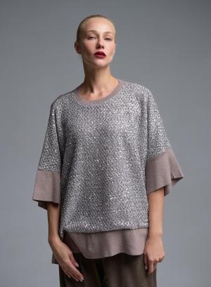 Taupe πλεκτή oversized Μπλούζα με παγιέτες και με τρία τέταρτα μανίκια Beauty Women - 68131
