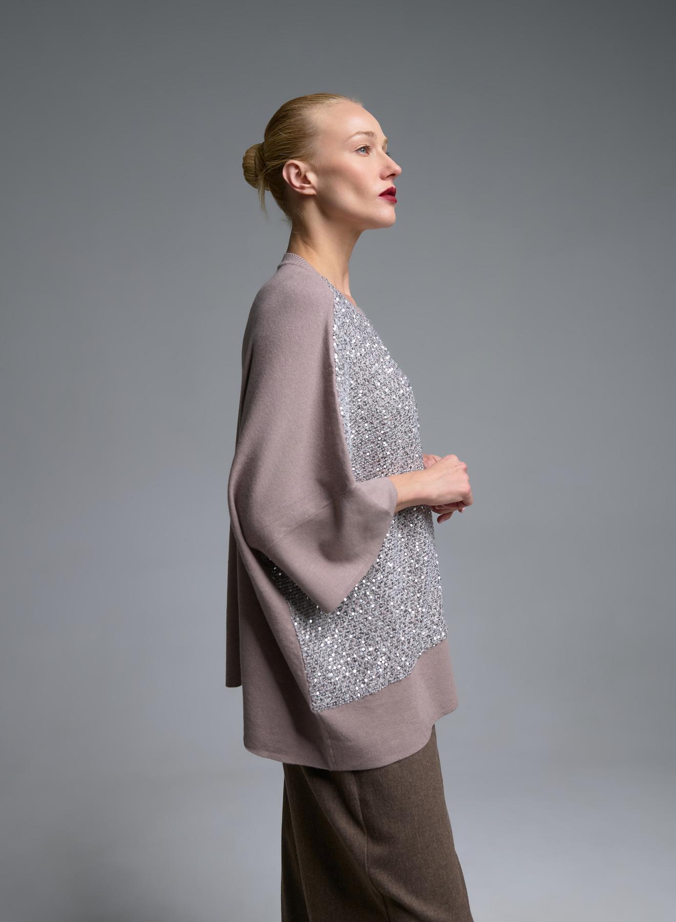 Taupe πλεκτή oversized Μπλούζα με παγιέτες και με τρία τέταρτα μανίκια Beauty Women - 4