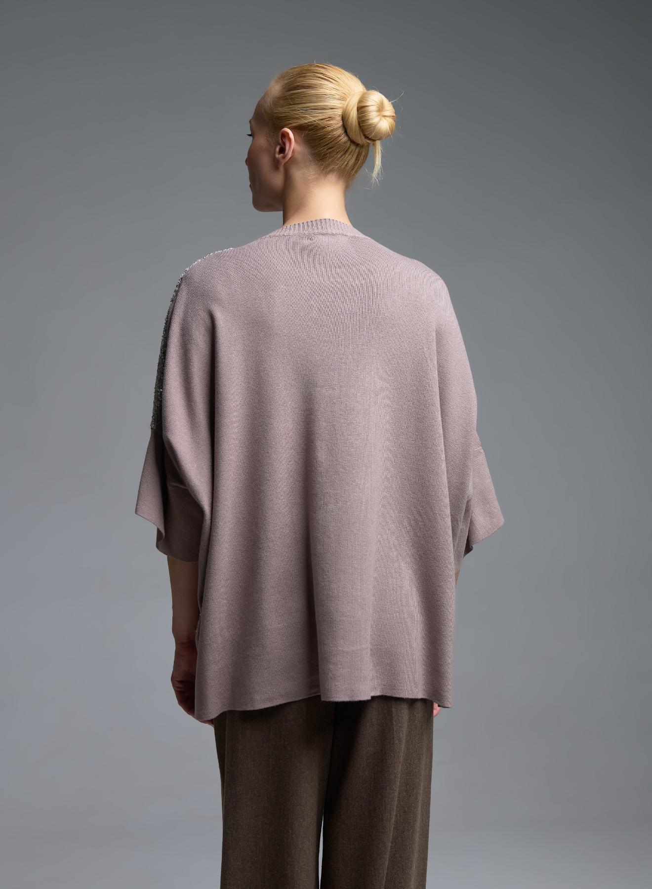 Taupe πλεκτή oversized Μπλούζα με παγιέτες και με τρία τέταρτα μανίκια Beauty Women - 5