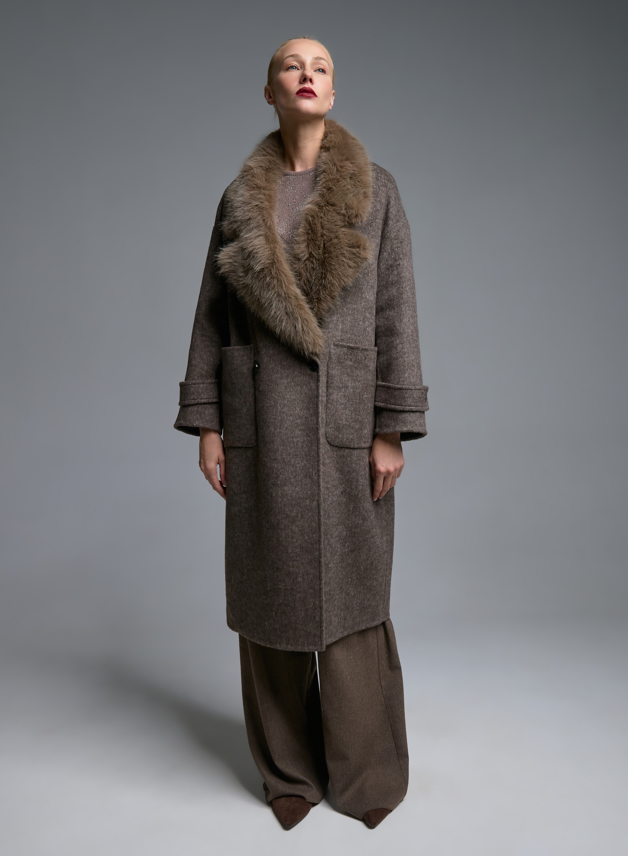Taupe double breasted Coat with detachable eco fur lapel Vicolo - 0