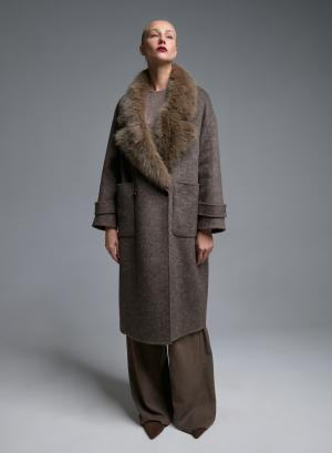 Taupe double breasted Coat with detachable eco fur lapel Vicolo - 68162