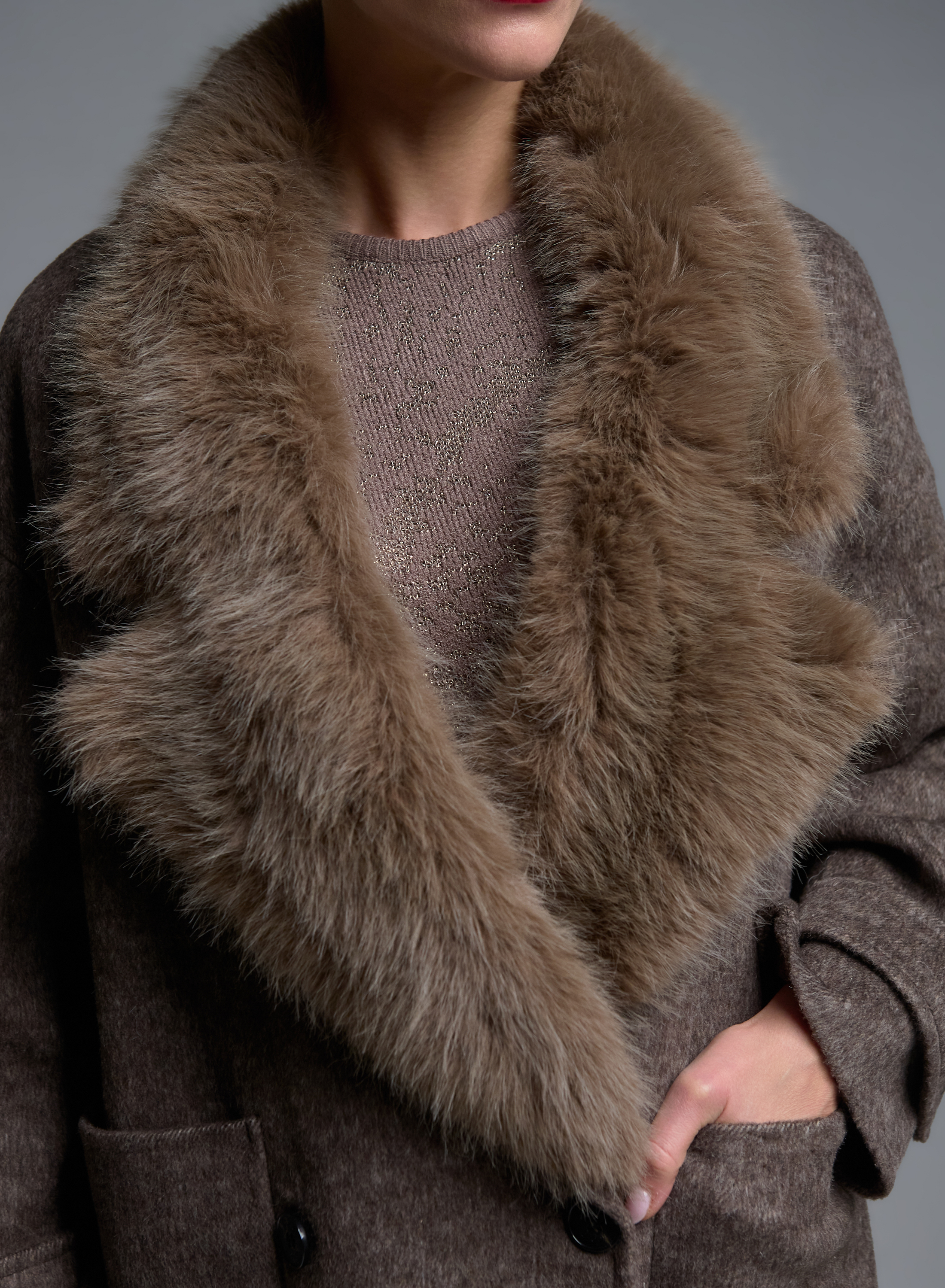 Taupe double breasted Coat with detachable eco fur lapel Vicolo - 2