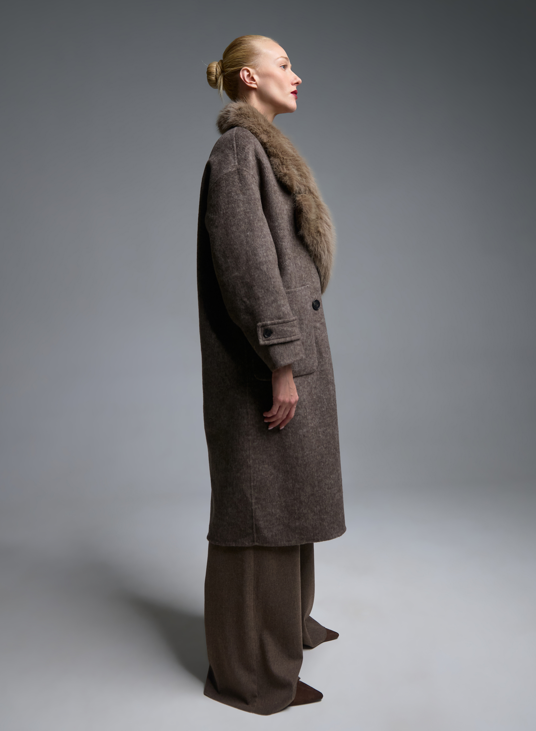 Taupe double breasted Coat with detachable eco fur lapel Vicolo - 4