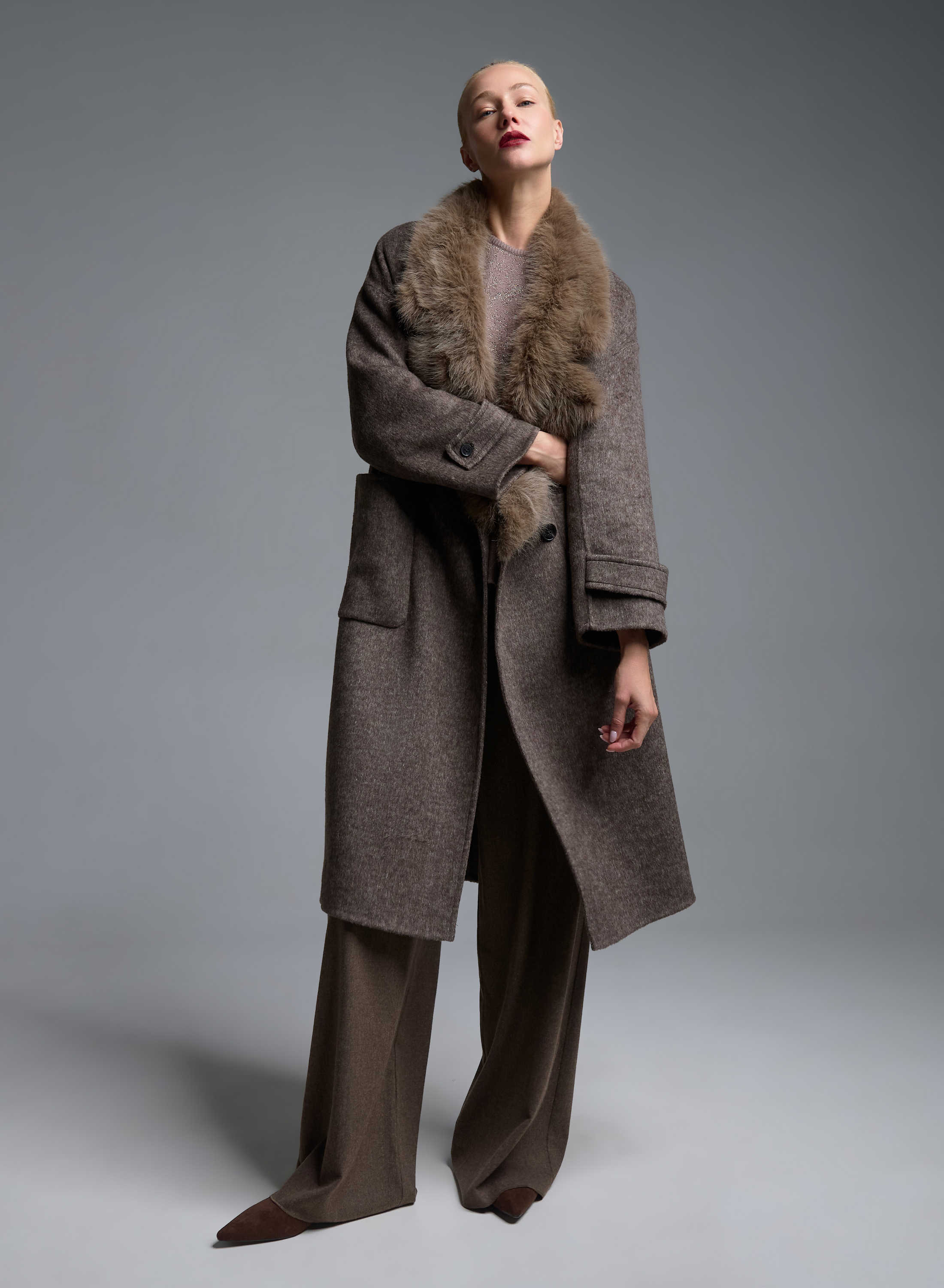 Taupe double breasted Coat with detachable eco fur lapel Vicolo - 3